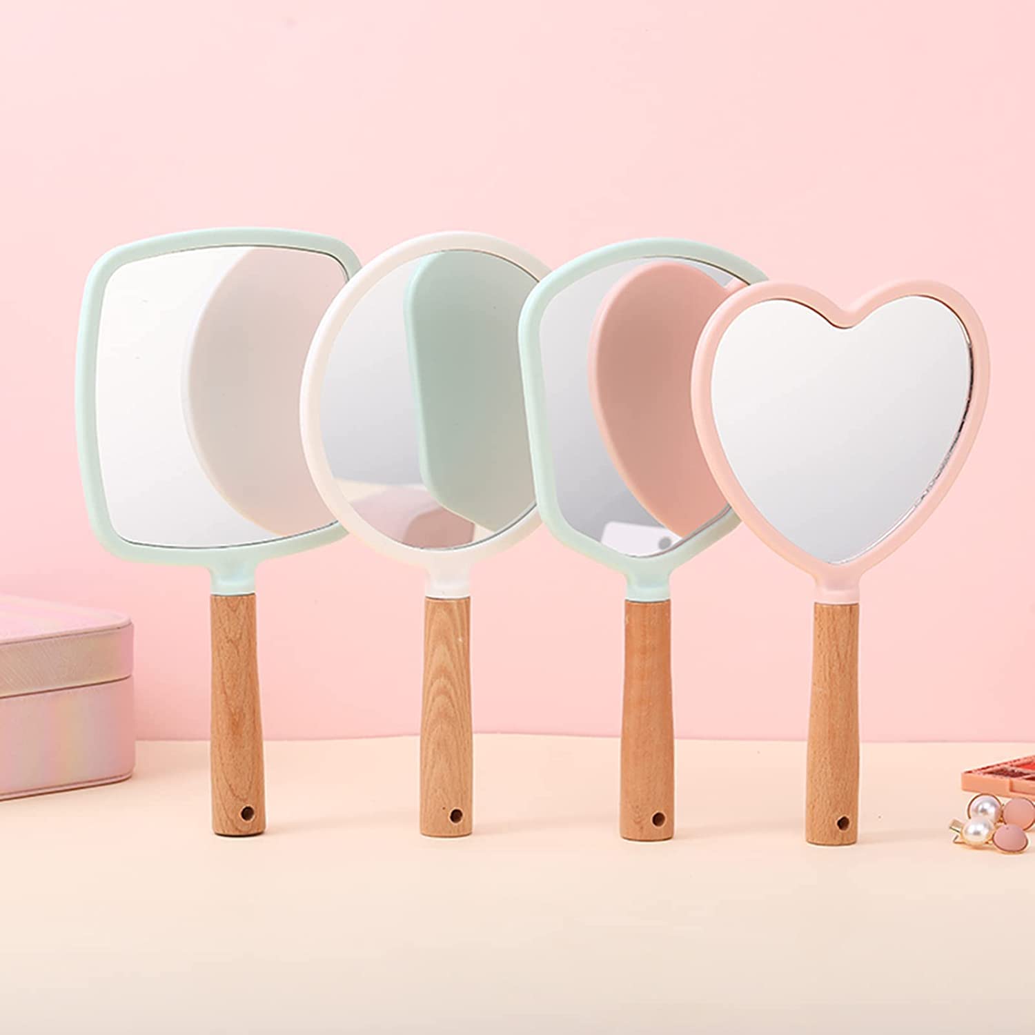 WE-CEF Handheld Wooden Makeup Mirror - Travel Portable for Men & Women - Green Square Design for Home & Travel