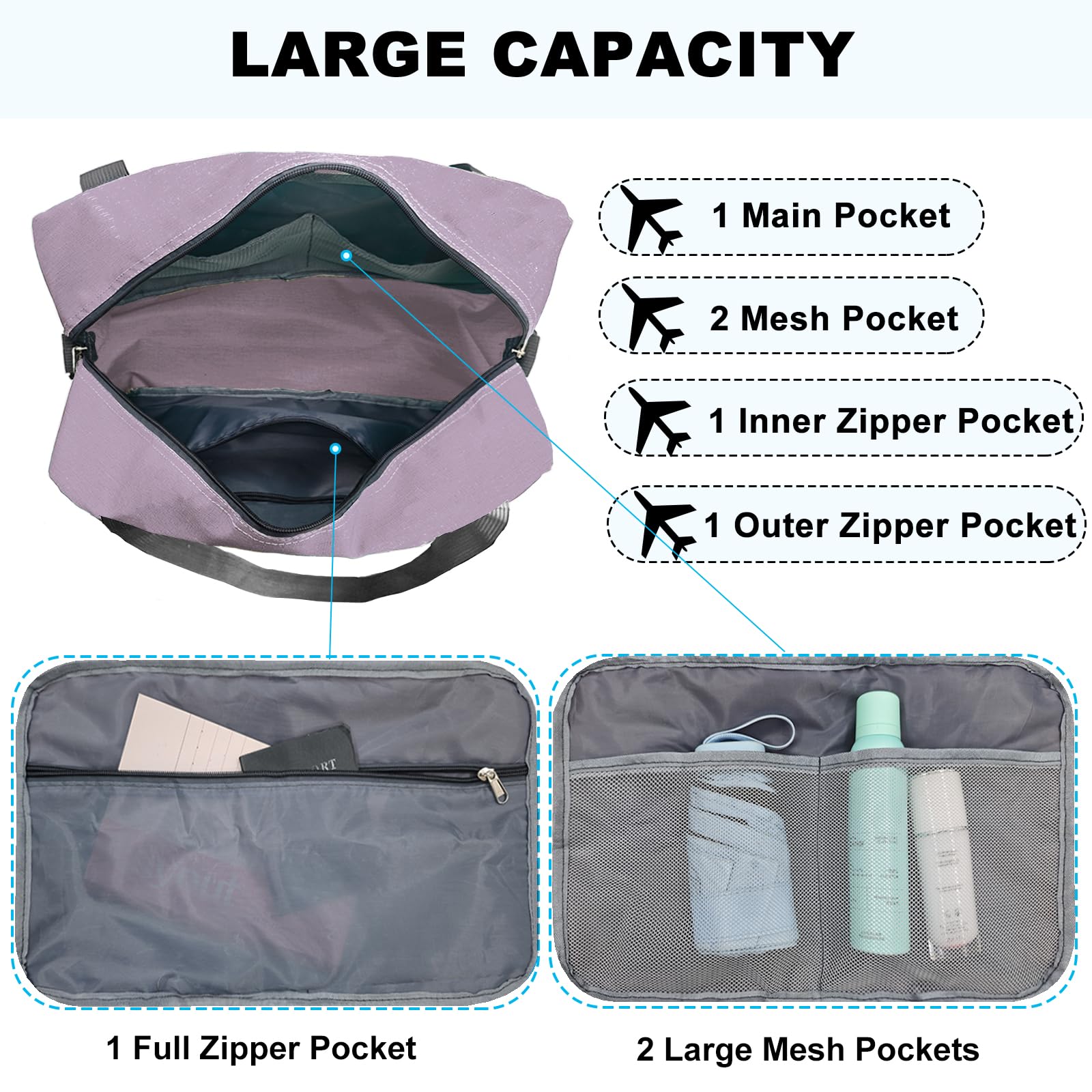 Foldable Carry On Luggage 22x14x9 Inches - 40L Travel Duffel Bag for Airplanes, Personal Item Bag for Women & Men (Purple) - Perfect for Weekend Trips, Business Travel & Gym Workouts