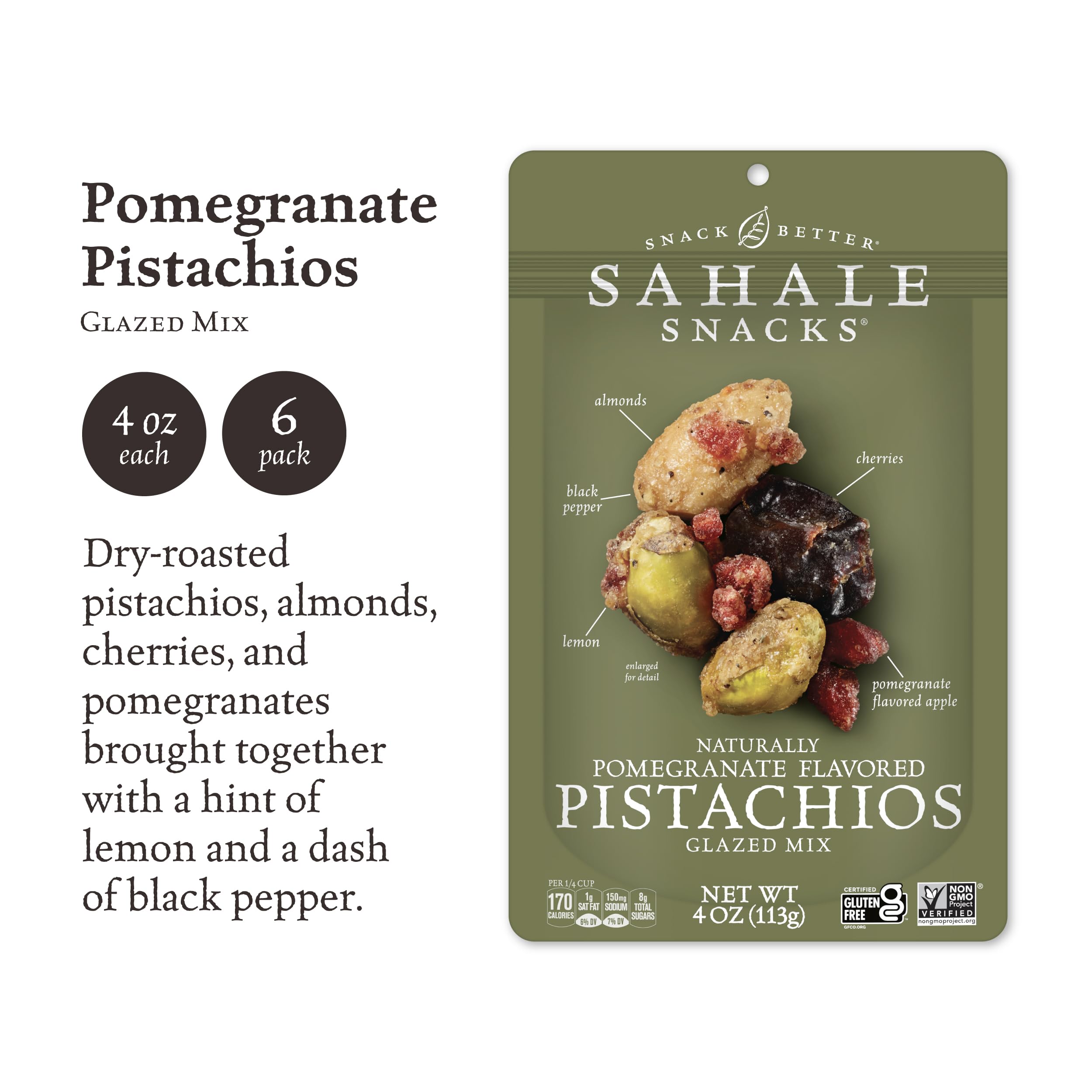 Sahale Snacks Pomegranate Flavored Pistachios Glazed Mix - 4oz (Pack of 6) | Healthy Gourmet Nuts for Snacking, Gifts & Parties | Gluten-Free, Non-GMO Premium Nut Mix