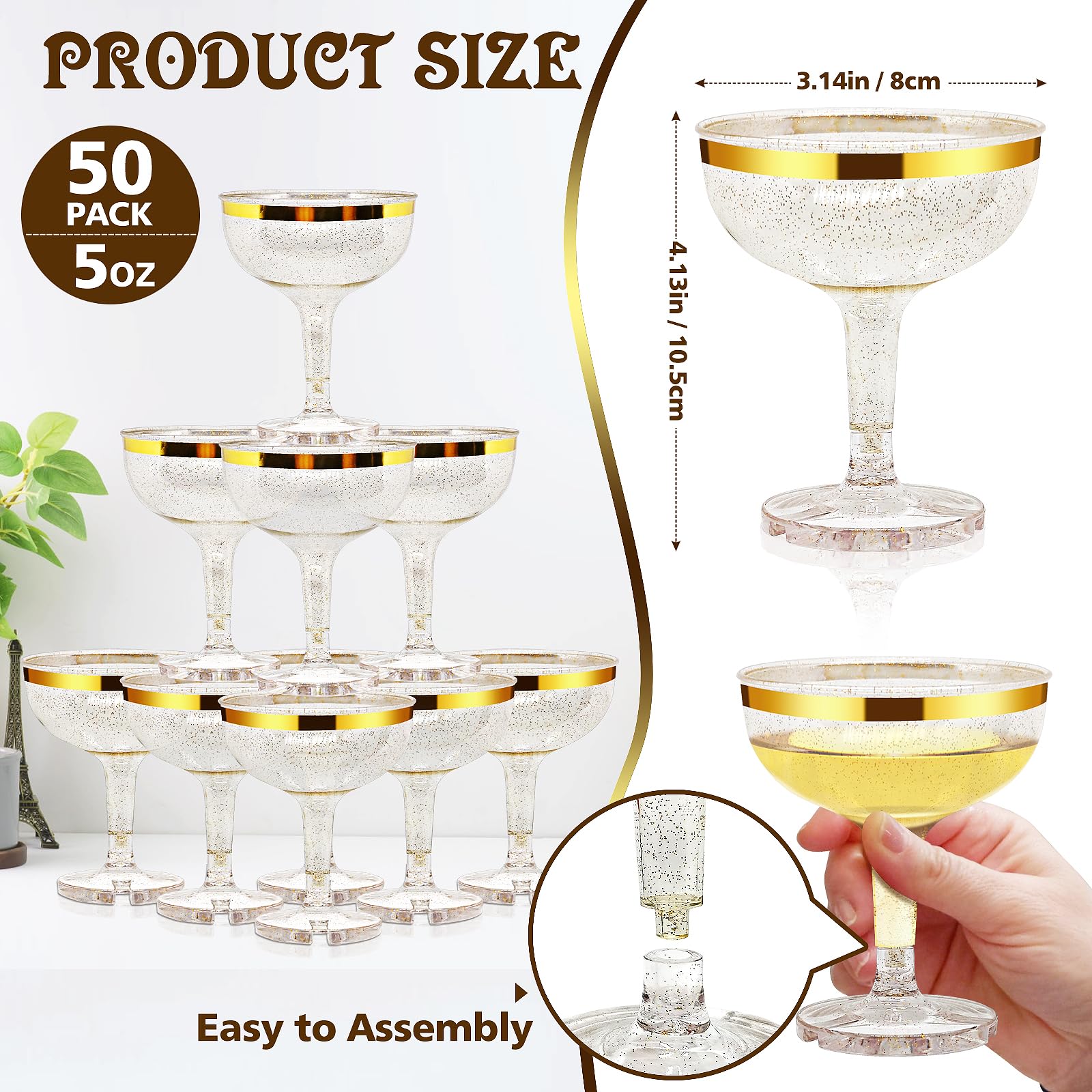 50 Pcs 5 oz Gold Plastic Champagne Coupe Glasses - Unbreakable Acrylic Martini Glasses for Parties, Weddings & Events - Disposable & Elegant Drinkware for Celebrations, Cocktail Receptions & Toasts