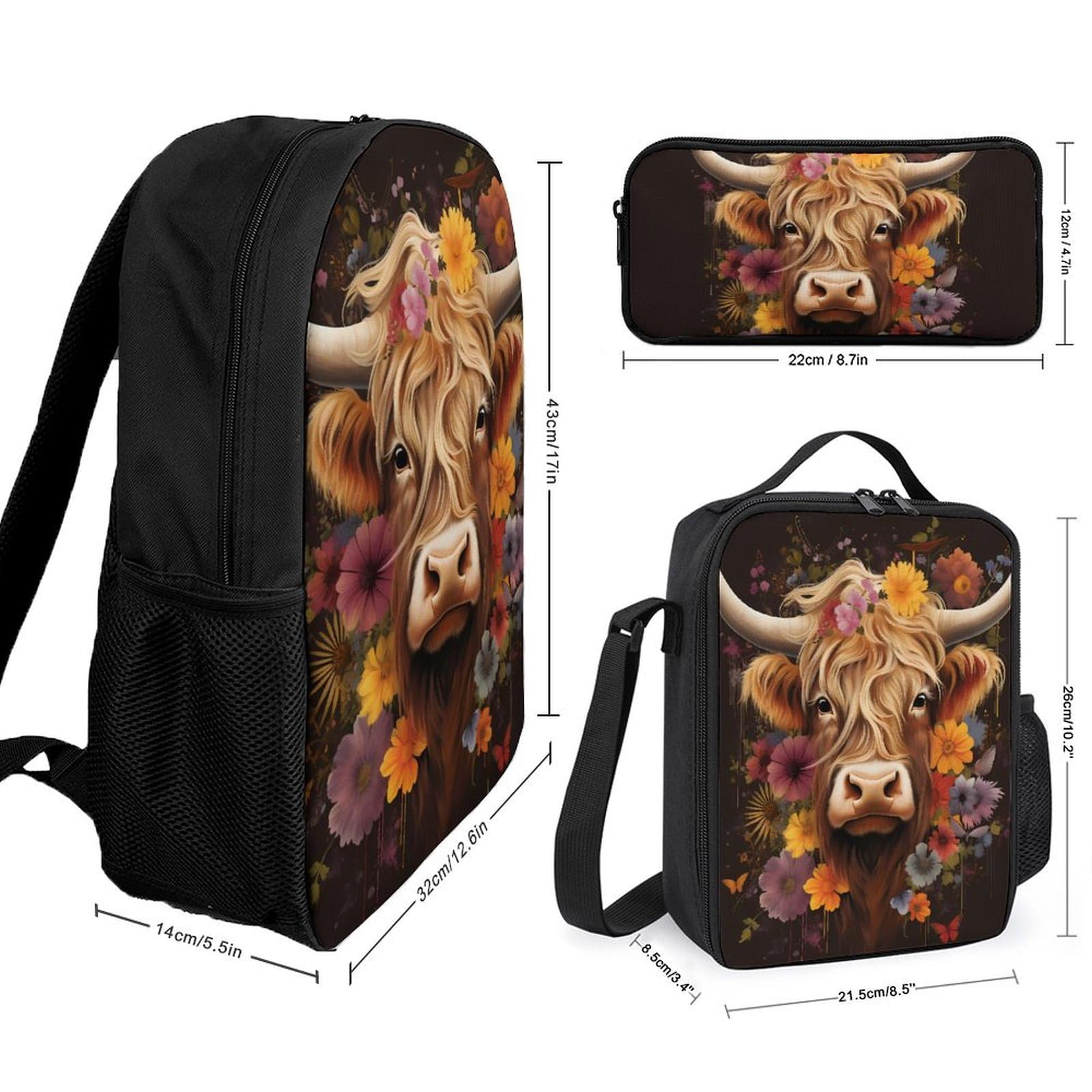 Highland Cow 3-Piece Laptop Backpack Set - 17 Inch School Backpack with Insulated Lunch Bag & Pencil Case for College Students, Office Work & Travel | Durable Bookbag for Daily Commute, Campus Life & Business Trips