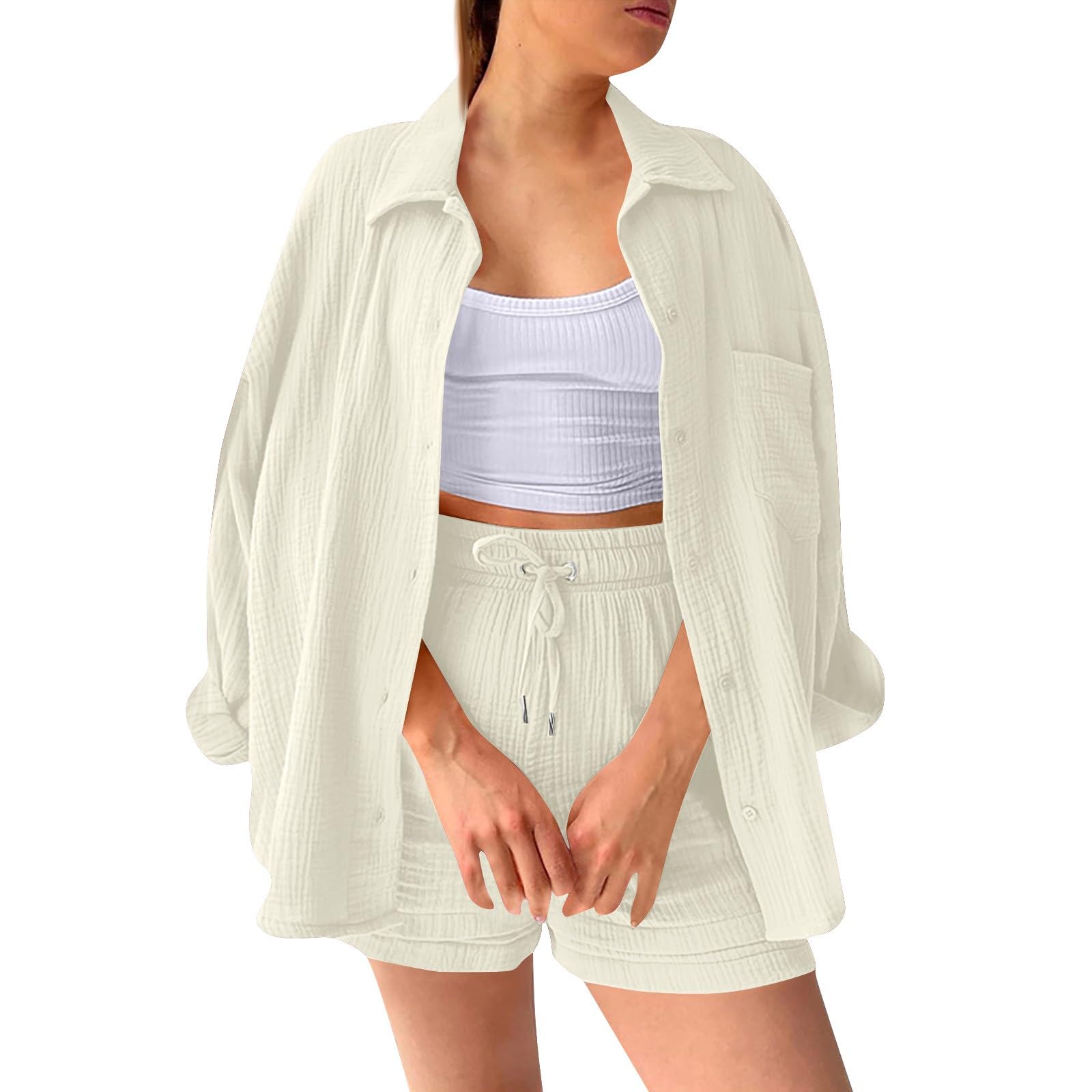 Women's 2-Piece Summer Outfit Set - Long Sleeve Shirt & Shorts for Beach, Vacation & Casual Wear | Breathable Holiday Leisure Top & Bottom Set