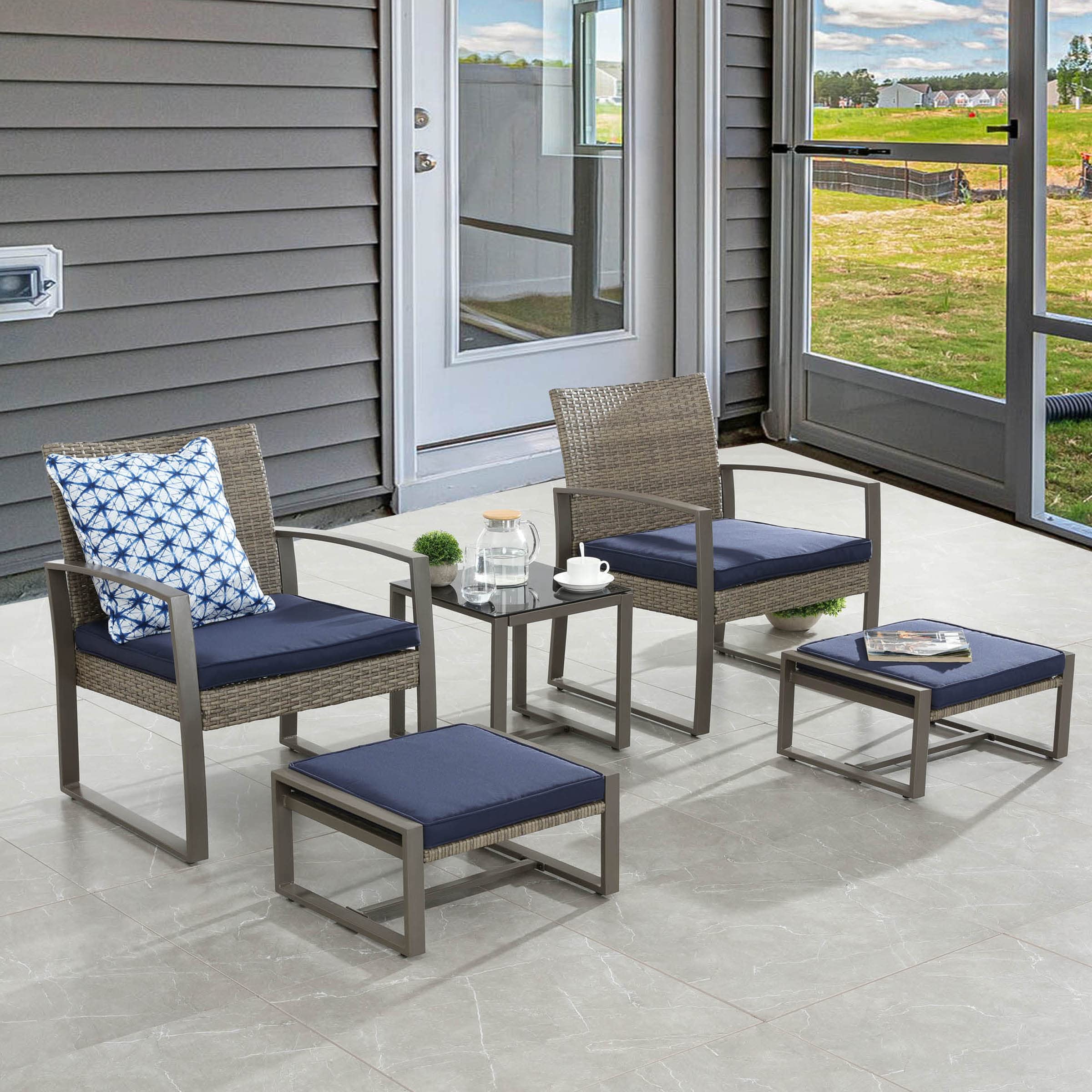 5-Piece All-Weather PE Wicker Patio Furniture Set with Cushioned Chairs, Ottoman & Coffee Table - Outdoor Conversation Set for Balcony, Porch, Backyard (Blue) | Durable & Stylish for Garden Relaxation, Entertaining Guests & Summer Lounging