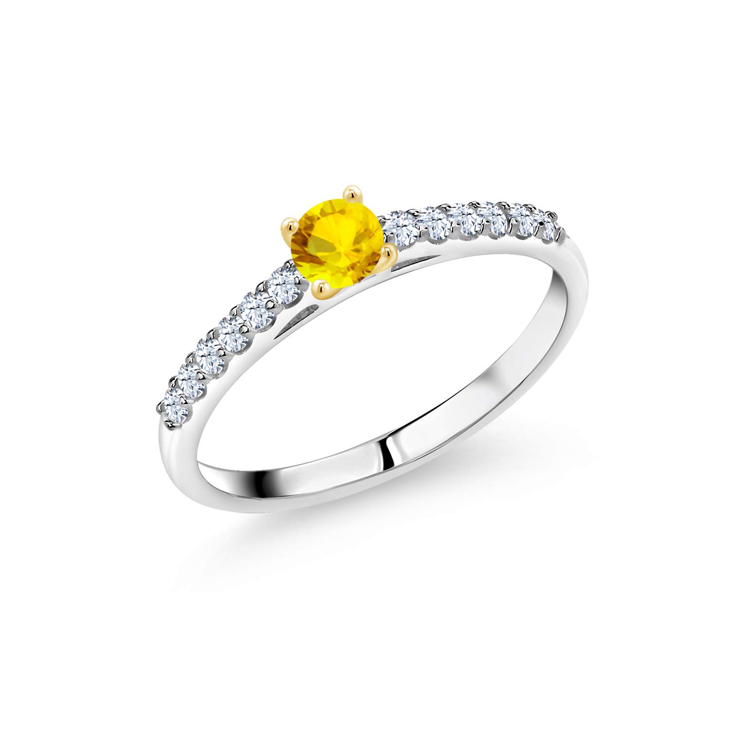 0.34 Ct Natural Yellow Sapphire & White Created Sapphire 925 Sterling Silver Ring with 10K Yellow Gold Prongs - Elegant Birthstone Jewelry for Women, Perfect for Anniversary, Birthday & Special Occasion Gifts