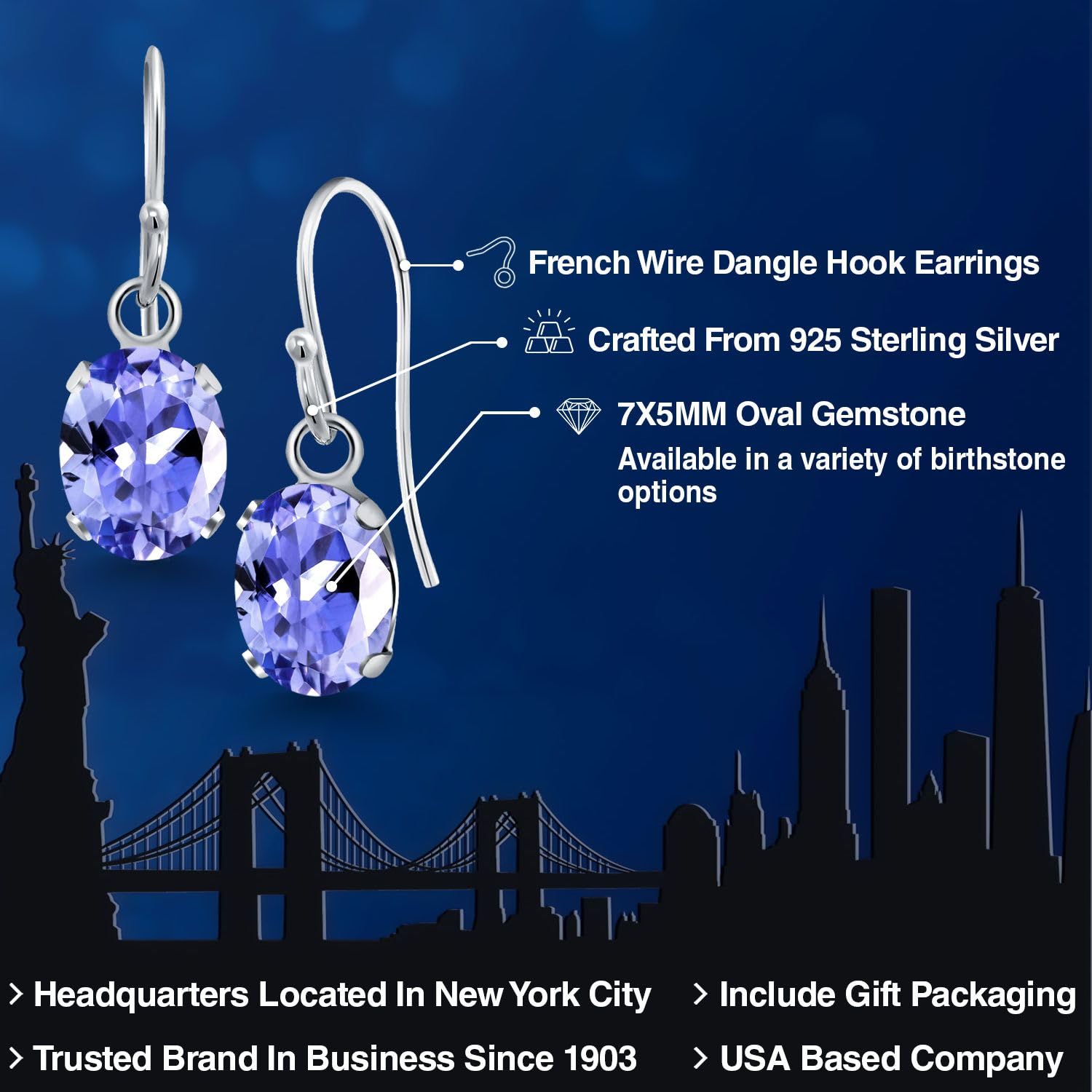 7X5MM Oval Gemstone Birthstone French Wire Dangle Hook Earrings for Women - 925 Sterling Silver Fine Jewelry Gifts for Mom, Wife | Perfect for Birthdays, Anniversaries & Special Occasions