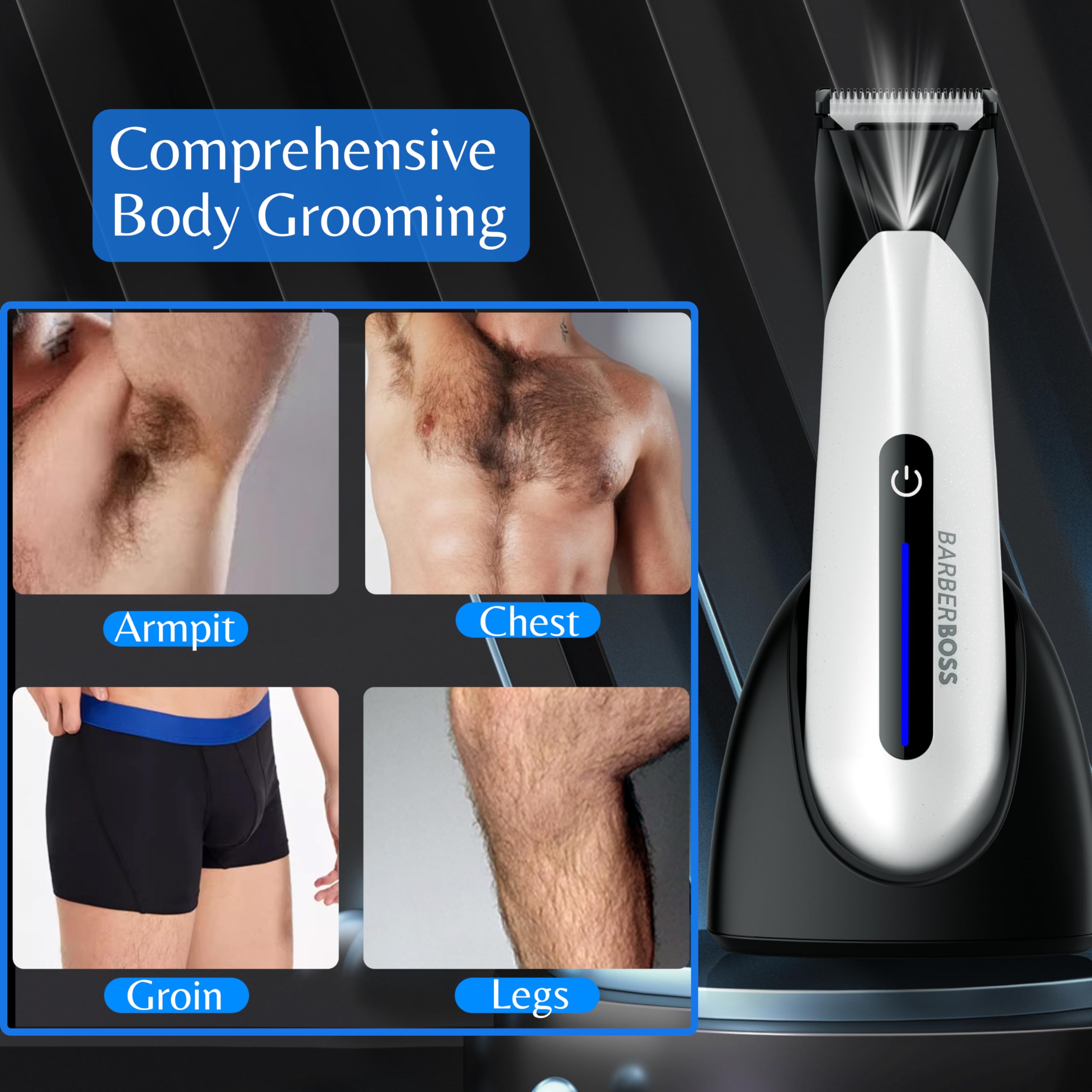BarberBoss QR-2073 Men's Body Groomer & Ball Shaver - Electric Pubic Hair Trimmer for Groin, Chest & Body - Waterproof Manscaping Trimmer for Smooth Shaving at Home or Gym - White