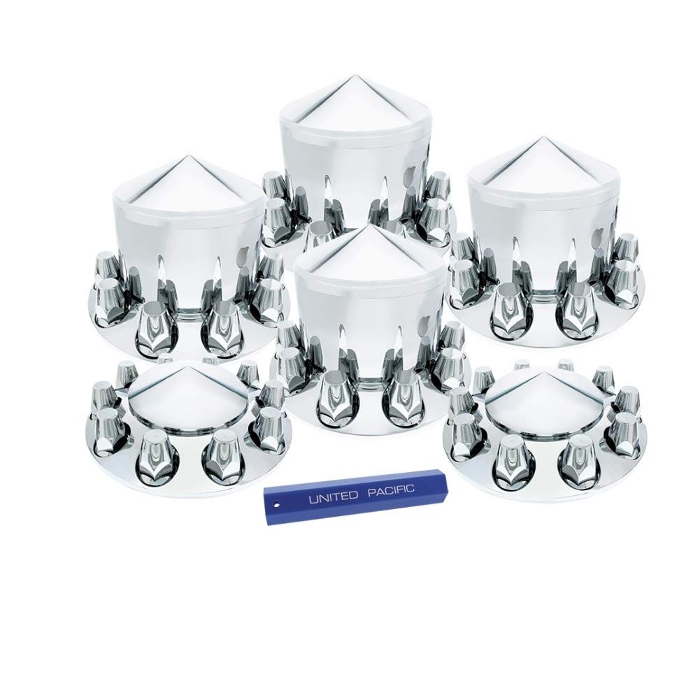 United Pacific 10306 Chrome Pointed Axle Hub Cover Kit with 33mm Standard Nut Cover & Nut Cover Tool - Perfect for Truck, SUV & Trailer Wheel Customization & Protection