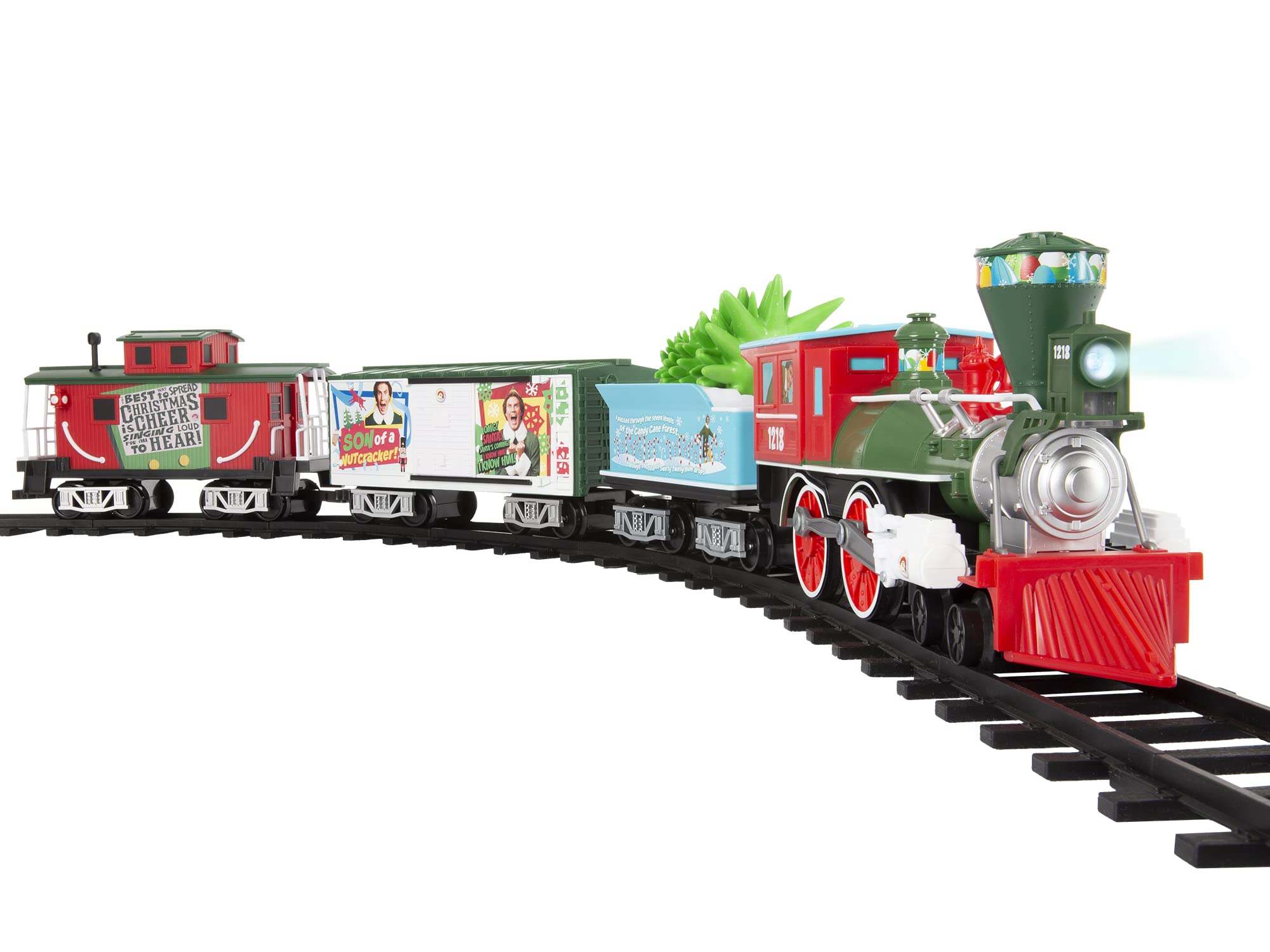 Lionel Battery-Powered Elf Toy Train Set with Locomotive, 4 Train Cars, 8-Piece Track & Remote Control - Realistic Train Sounds & LED Lights for Kids Ages 4+ | Perfect for Christmas Decorations, Birthday Gifts & Holiday Playtime