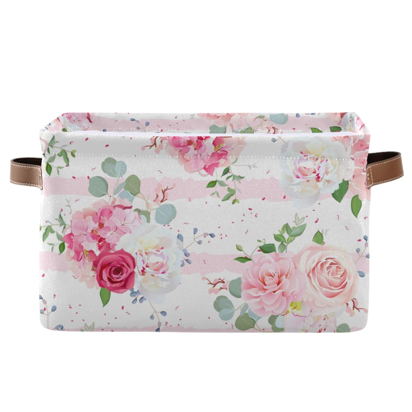 Pink Rose Floral Square Storage Baskets - 2 Pack Canvas Closet Organizer Bins for Home & Office - Perfect for Shelves, Bathroom, Nursery & Bedroom Organization