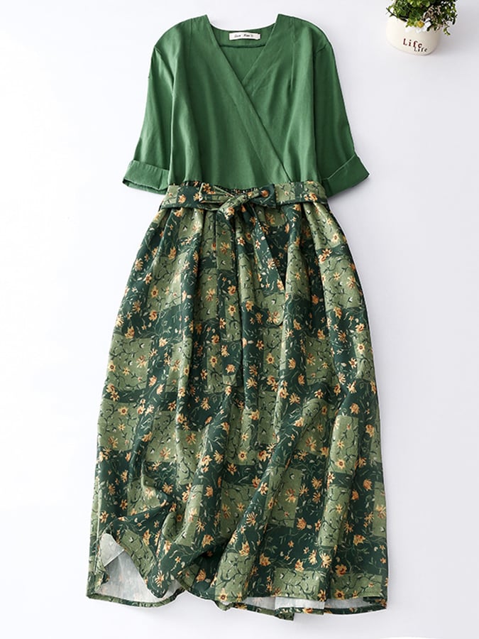 Lovevop Women's Floral Print Cotton Linen Dress with Elastic Waistband - Perfect for Summer Outings, Beach Vacations & Casual Wear