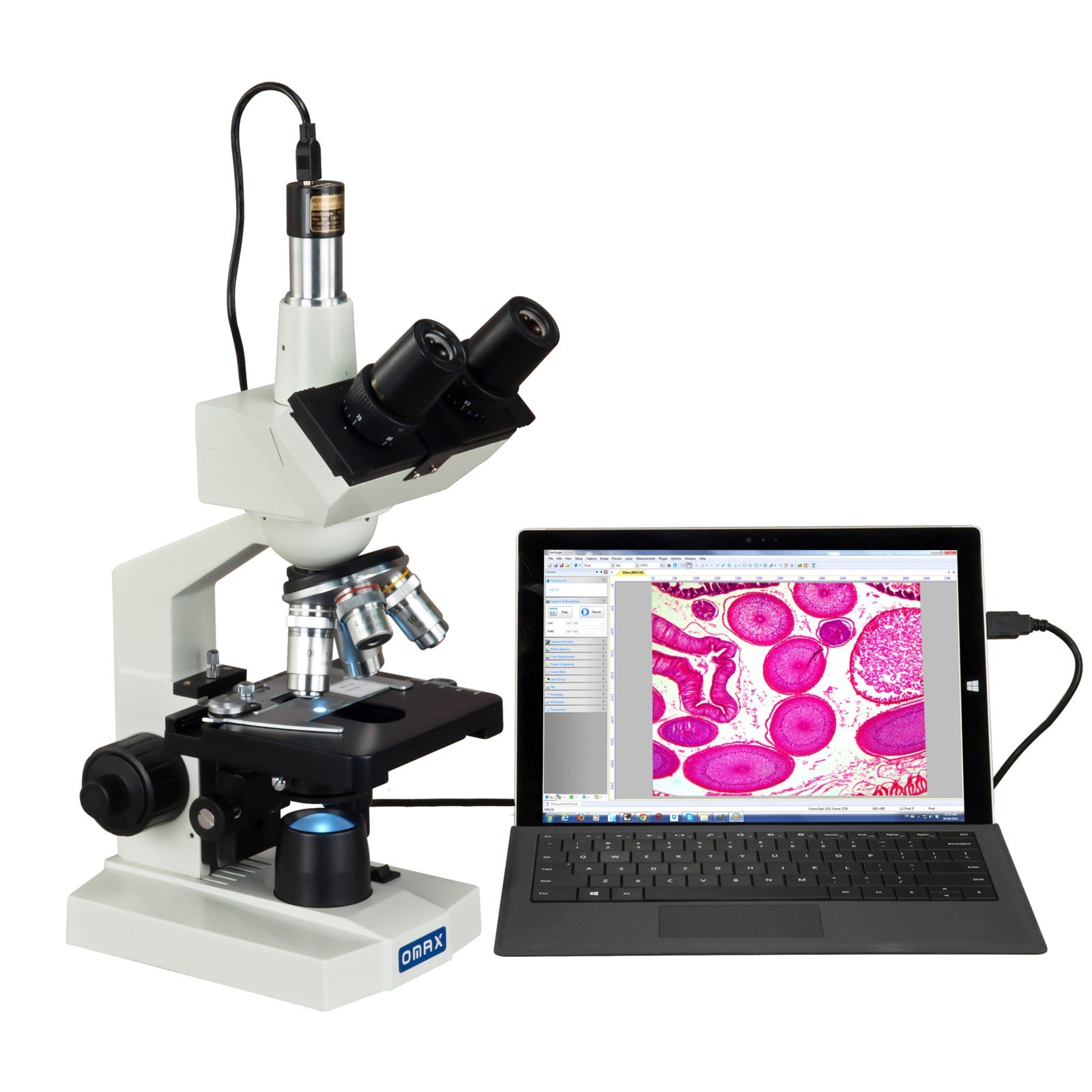 OMAX 40-2500X LED Digital Trinocular Lab Microscope with 5MP Camera - Includes Blank Slides, Covers & Lens Paper - Ideal for Biology, Research & Education