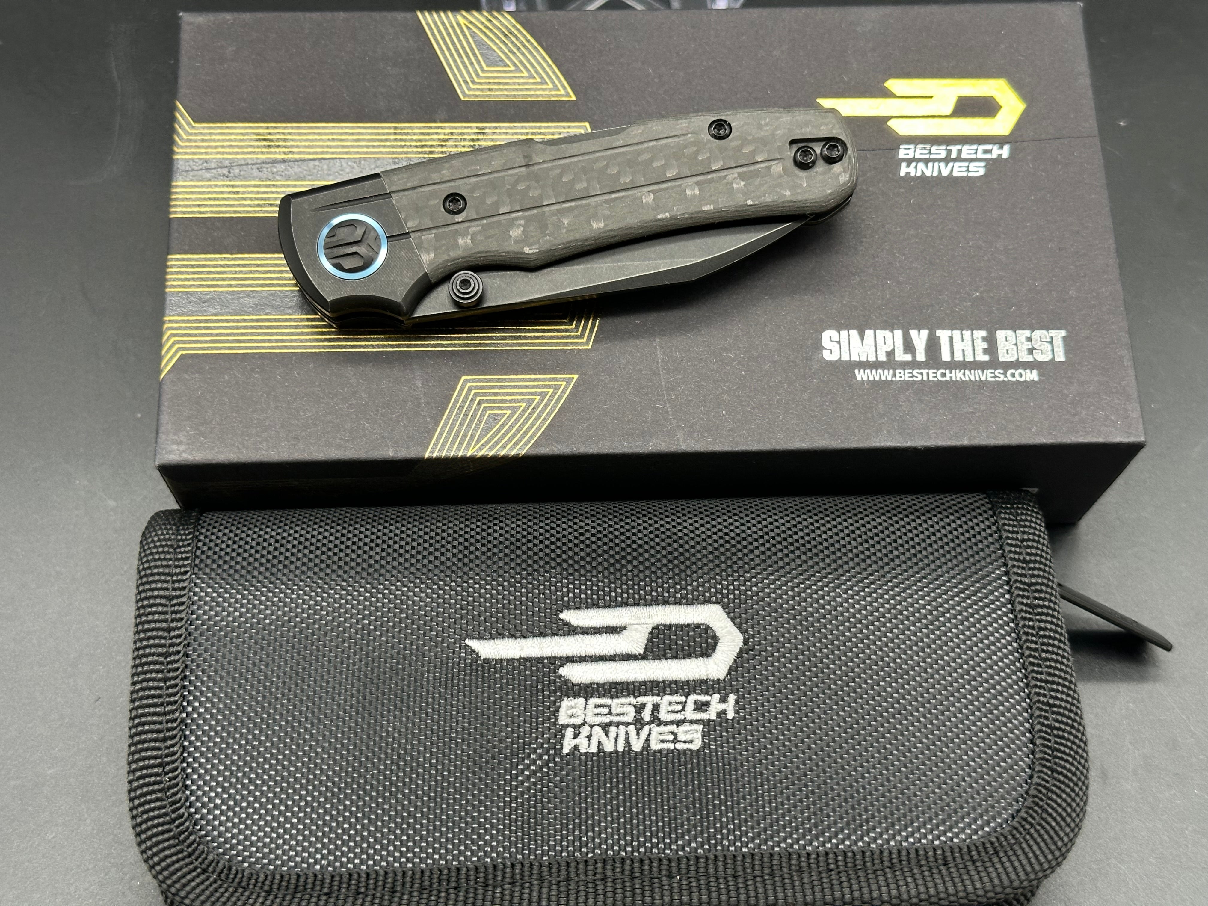 Bestech Tonic Black Titanium/Carbon Fiber Pocket Knife - M390 Steel Blade with Black Stonewash Finish - EDC, Outdoor, Camping & Survival Gear