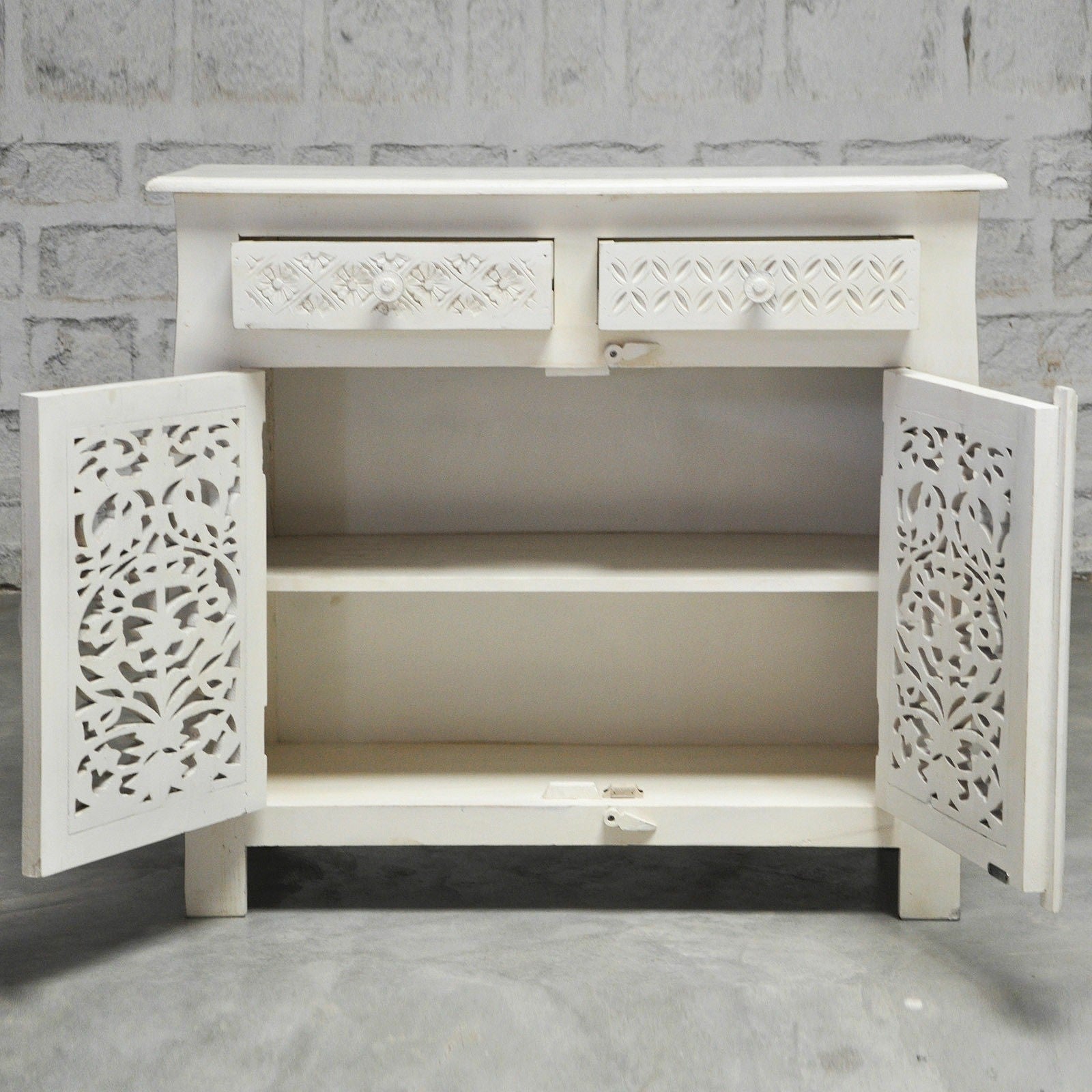 French Colonial Solid Wood Jali Carved Sideboard - White Vintage Buffet Cabinet for Dining Room, Living Room & Entryway Storage
