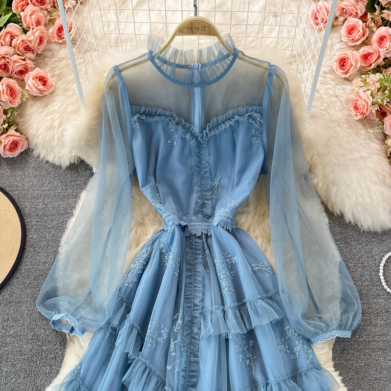 Fairy Long Sleeves Tulle Dress for Women - Elegant Sweet Layered Ruffled Skirt for Autumn Fall Wedding Party Prom Evening Occasions