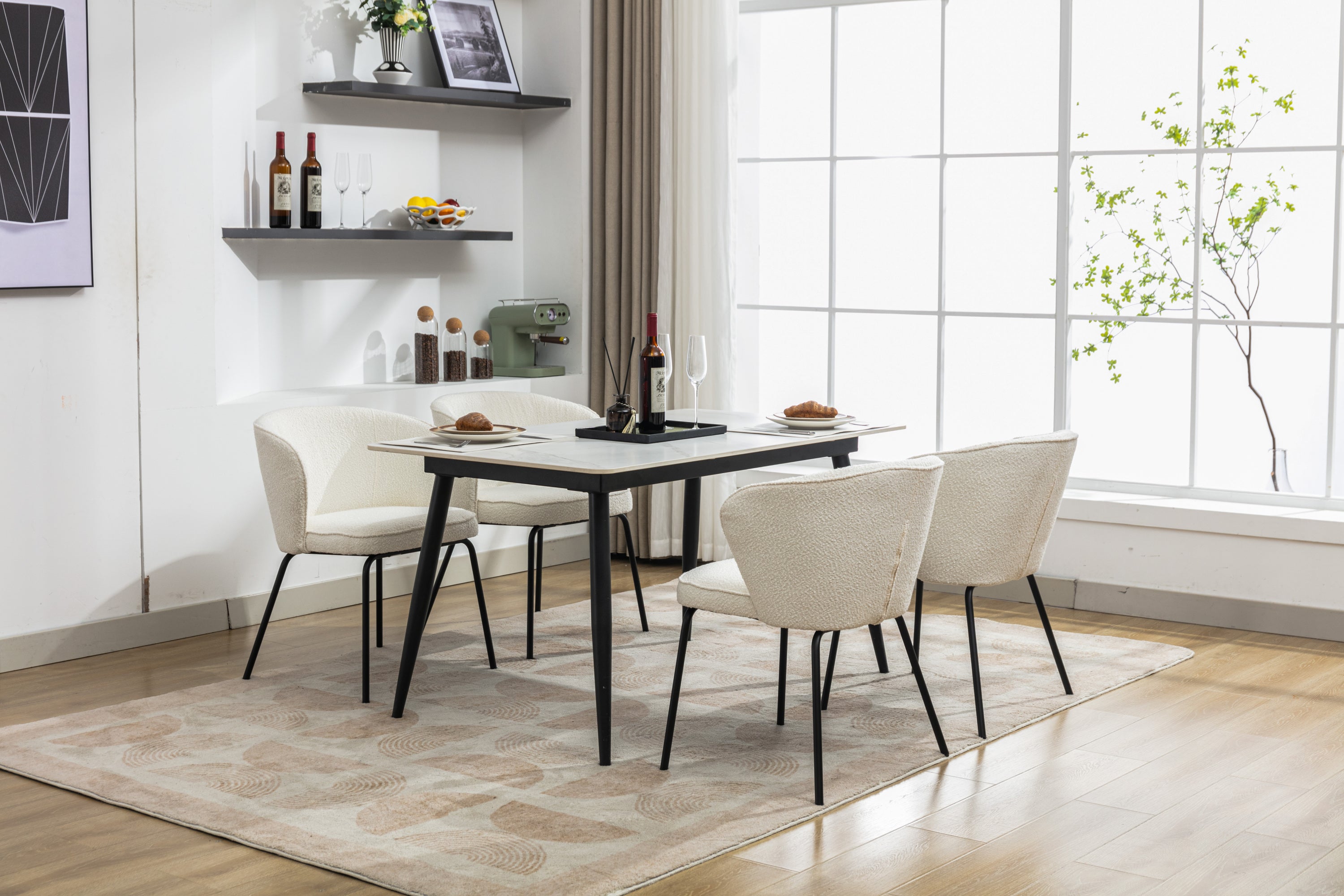 Boucle Fabric Dining Chairs Set of 2 with Black Metal Legs in Ivory - Modern Comfortable Kitchen & Dining Room Seating for Home & Office