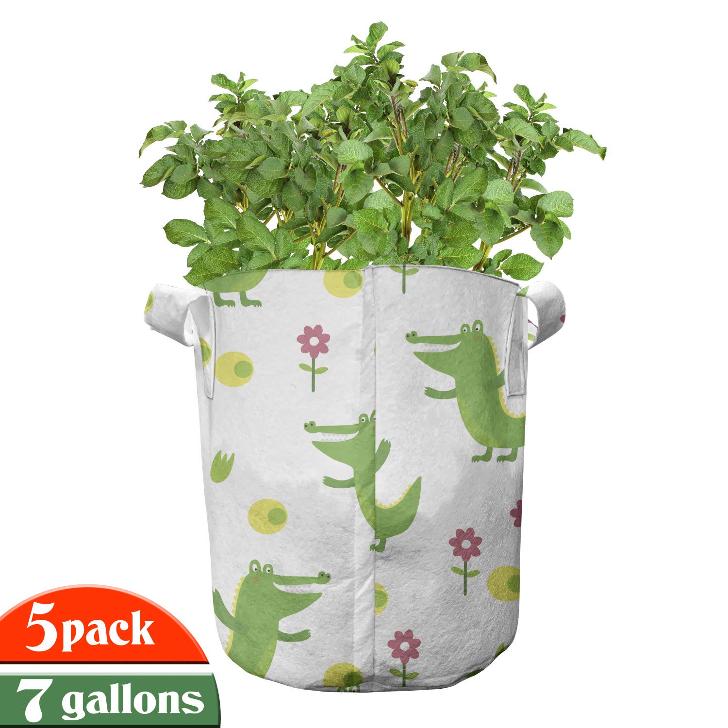 Lunarable Alligator Grow Bags 5-Pack - Heavy Duty Fabric Plant Pots with Handles, Cheerful Animal & Flower Print in Lime Green, Yellow & Pink - Perfect for Indoor/Outdoor Gardening, Container Plants & Vertical Farming