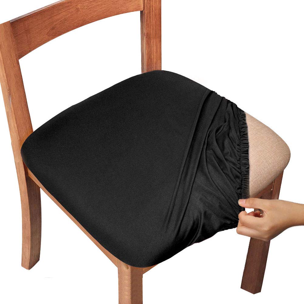 Premium Stretch Dining Chair Seat Covers (4-Pack) - Breathable Fabric Protectors with Secure Ties for Kitchen & Dining Room Chairs - Black - Perfect for Everyday Use & Special Occasions
