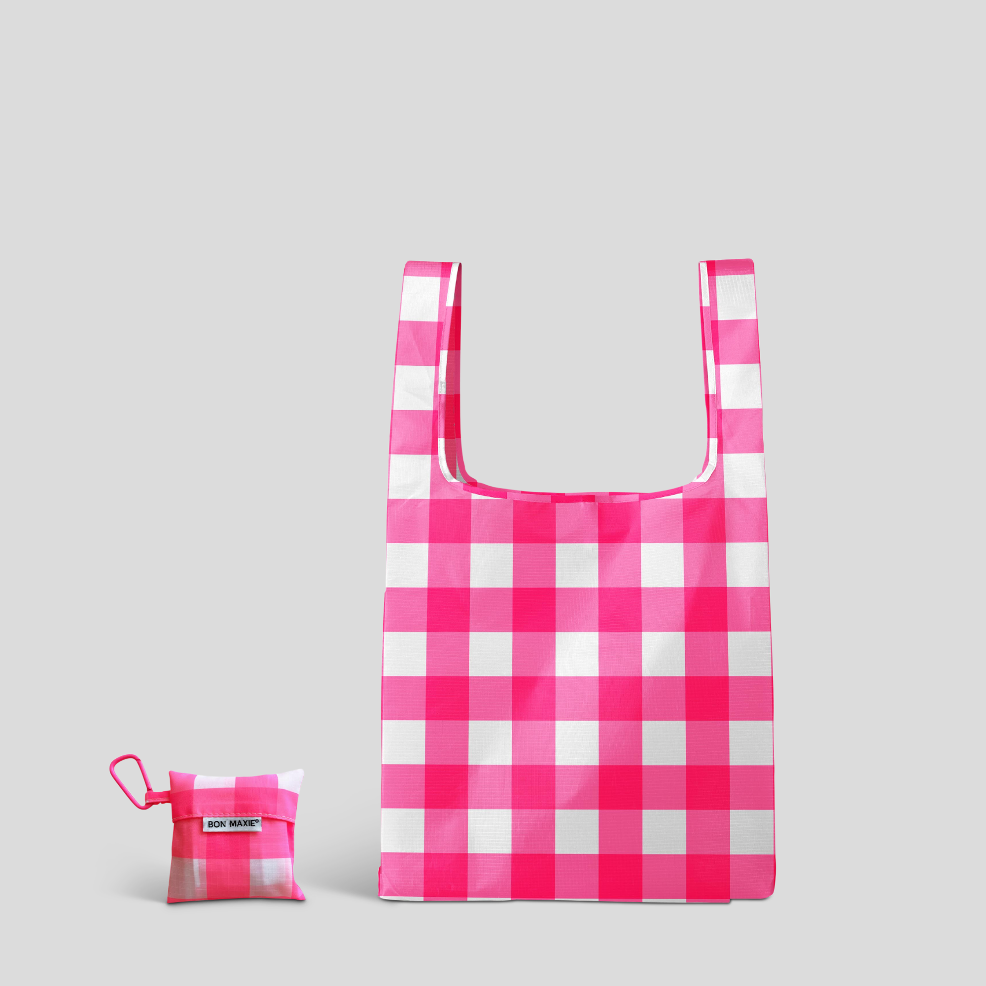 Eco-Friendly Reusable Shopping Bags - 2 Pack with 2 Sizes (Small & Large) - Stylish Neon Pink Gingham Pattern - Perfect for Groceries, Beach Trips & Farmers Markets