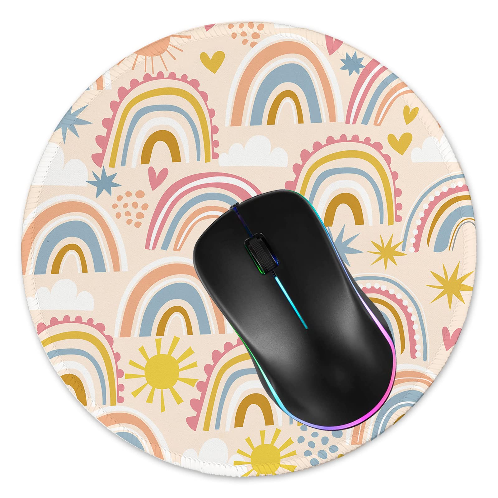 Premium Round Gaming Mouse Pad - Non-Slip Rubber Base with Stitched Edge (7.9 x 7.9 Inch) for Laptop & PC - Rainbow Adorable Design - Perfect for Office Work, Gaming & Home Use