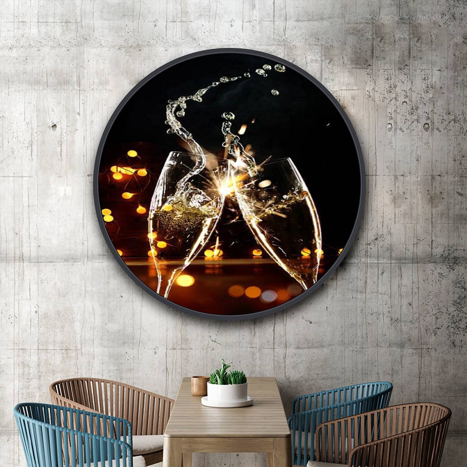 Champagne Glasses Wall Art - Round Framed Canvas Painting with Black Frame (24 Inch Diameter) - Ready to Hang Home Decor for Living Room, Bedroom, Dining Room | Perfect for Wedding Gifts, Housewarming & Party Decorations