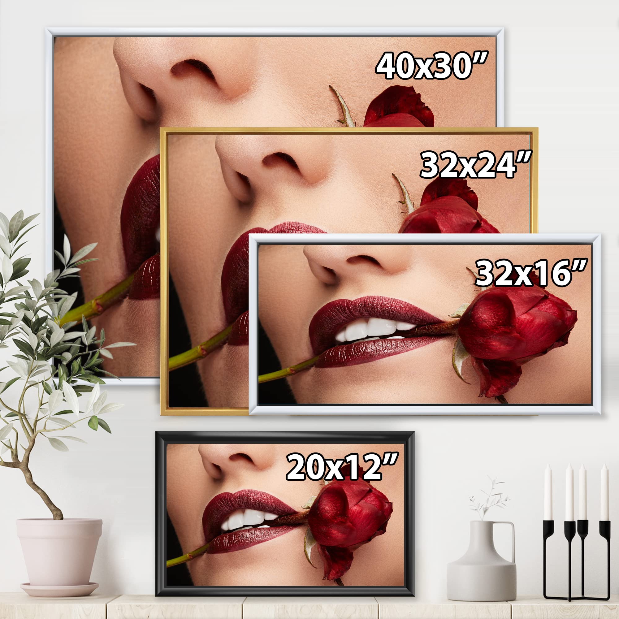 Modern Framed Canvas Wall Art Print - Woman with Red Lipstick Holding Rose in Mouth - Perfect for Living Room, Bedroom & Office Decor