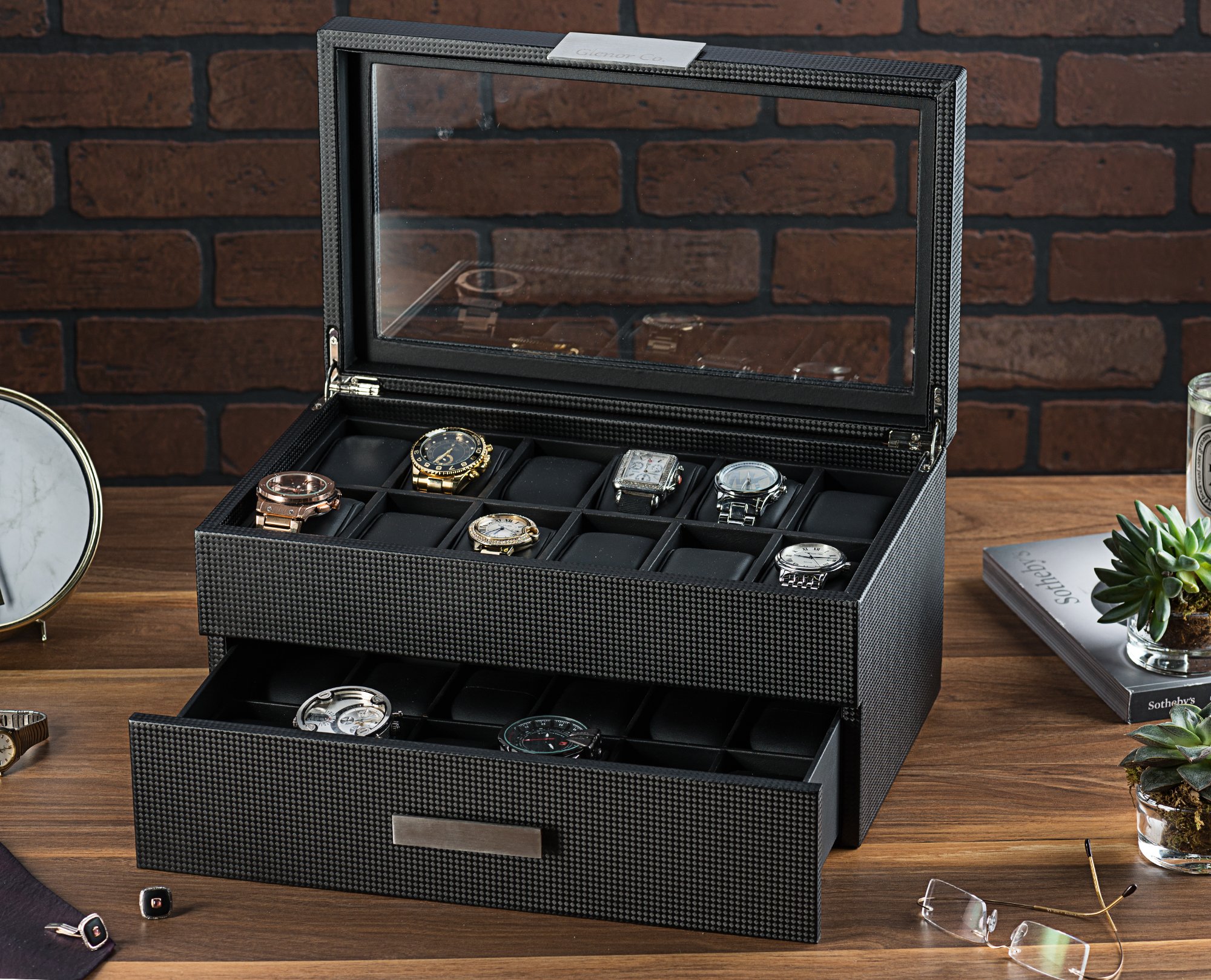 Premium 24-Slot Luxury Watch Box for Men - Carbon Fiber Design with Metal Buckle, Large Glass Top & Leather Pillows - Perfect for Watch Collectors, Jewelry Storage & Gift Giving - Ideal for Home, Office & Travel Organization