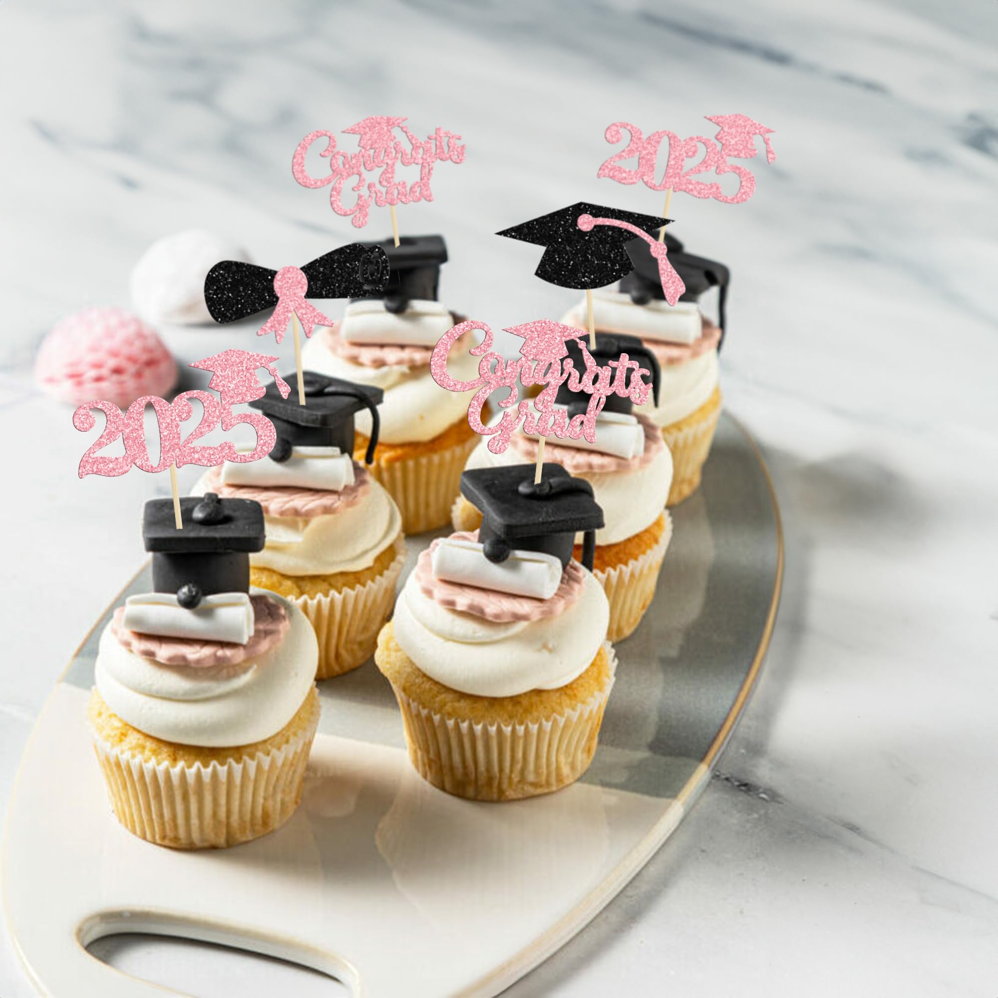 24Pcs 2025 Graduation Cupcake Toppers - Glitter Class of 2025 Diploma & Cap Cake Decorations - Pink Graduation Party Supplies for Graduation Ceremony, School Celebration & Dessert Table Decor