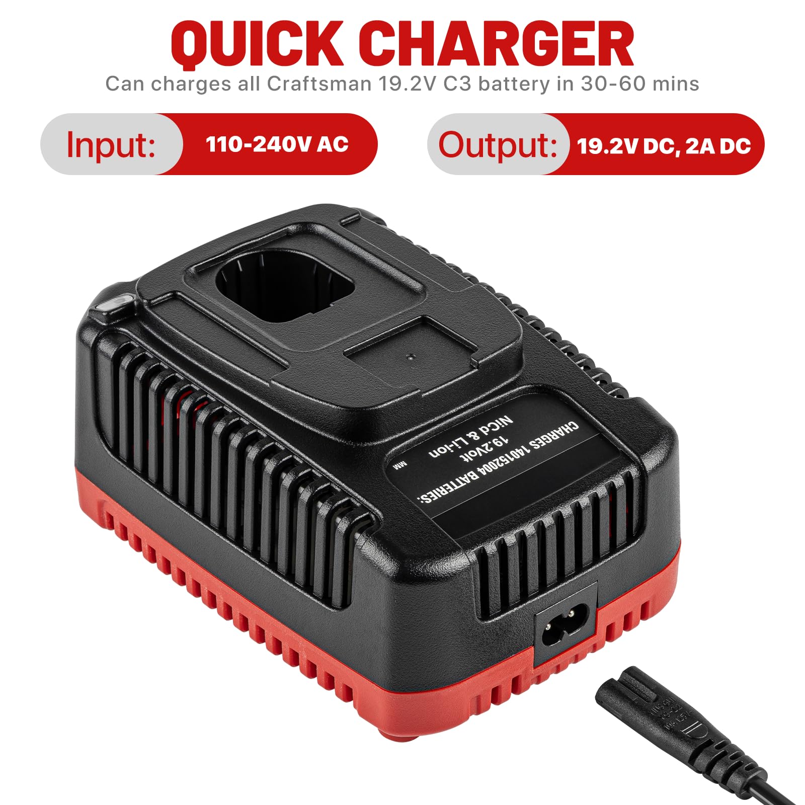 Craftsman 19.2V Battery Charger Replacement - Compatible with C3 140152004, DieHard XCP Li-ion/Ni-CD Batteries 1425301, 1323903, 130279005, 11375, 11376 & 315.PP2011 - Perfect for Power Tools, Drills, and Outdoor Equipment