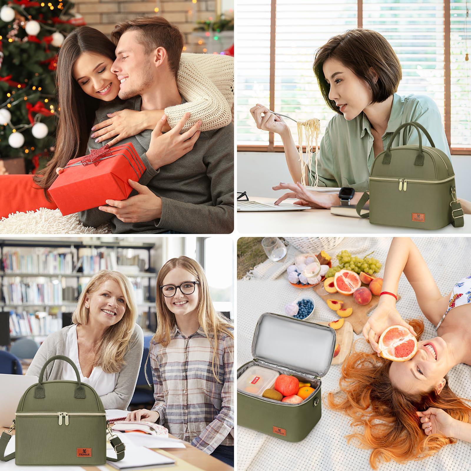 Hafmall 13L Large Insulated Lunch Bag for Women - Reusable Work Lunch Box with Shoulder Strap, 3.5 Gallon Capacity, Green - Perfect for Office, School, Picnics & Outdoor Activities