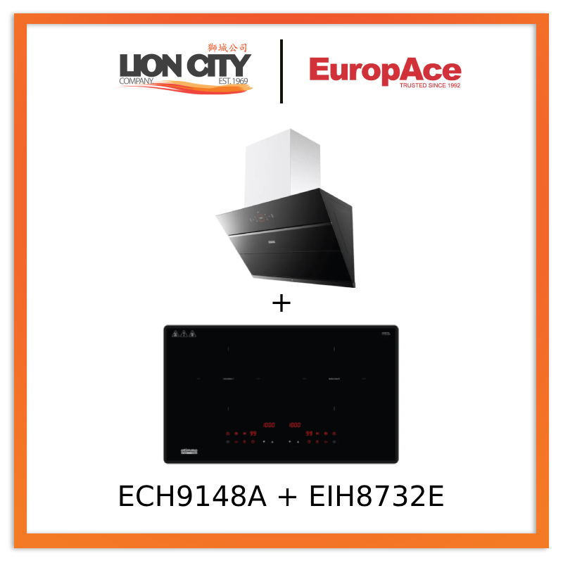 Europace ECH9148A 90cm Premium Stainless Steel Inclined Range Hood with EIH8732E 73cm Induction Cooktop - Magnetic Knob Control for Modern Kitchen | Powerful Ventilation & Fast Cooking | Perfect for Home Chefs & Open-Plan Kitchens