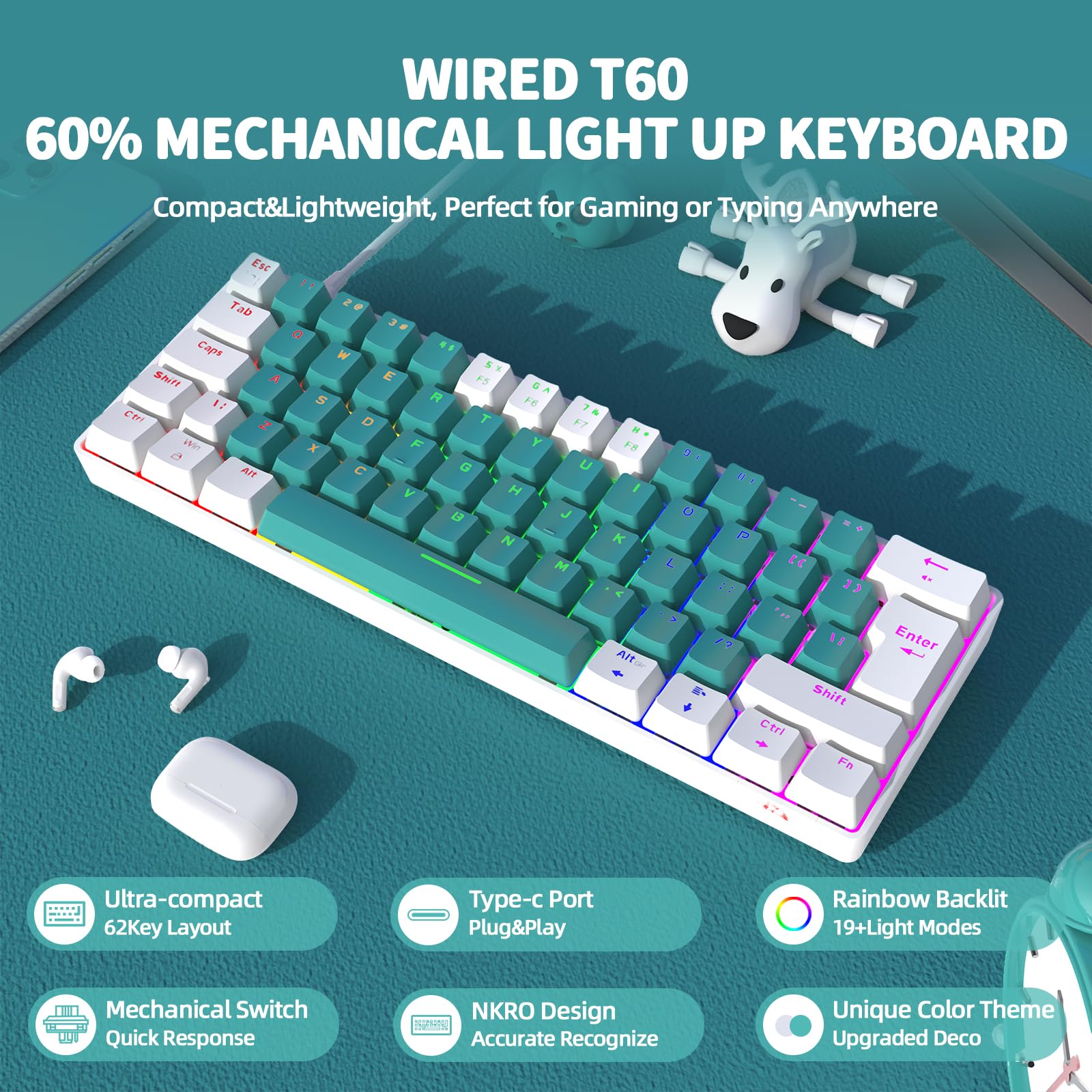 60% UK Gaming Mechanical Keyboard - 62 Key Compact Blue Switches with RGB Backlight for PC/Laptop Gaming & Office Work