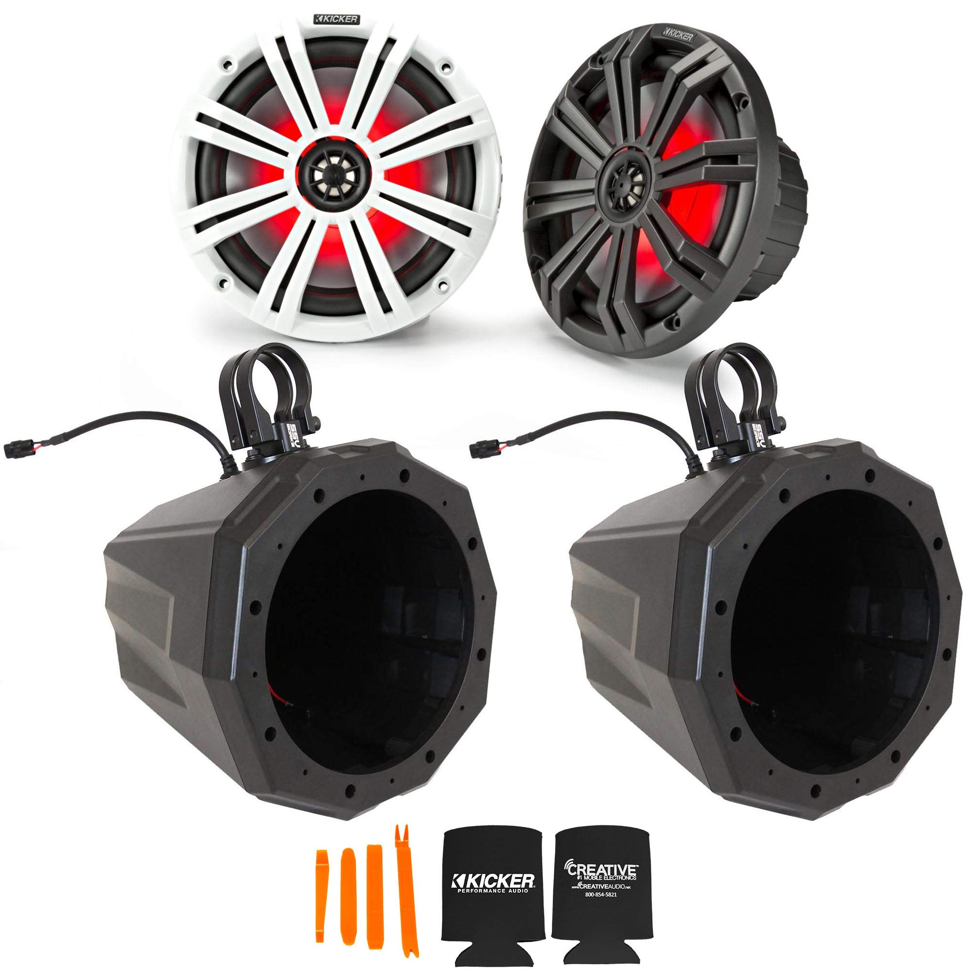 Kicker 45KM84L 8-Inch RGB LED Marine Speakers with SSV US2-C8 Universal Cage Mount Pods & 1.85