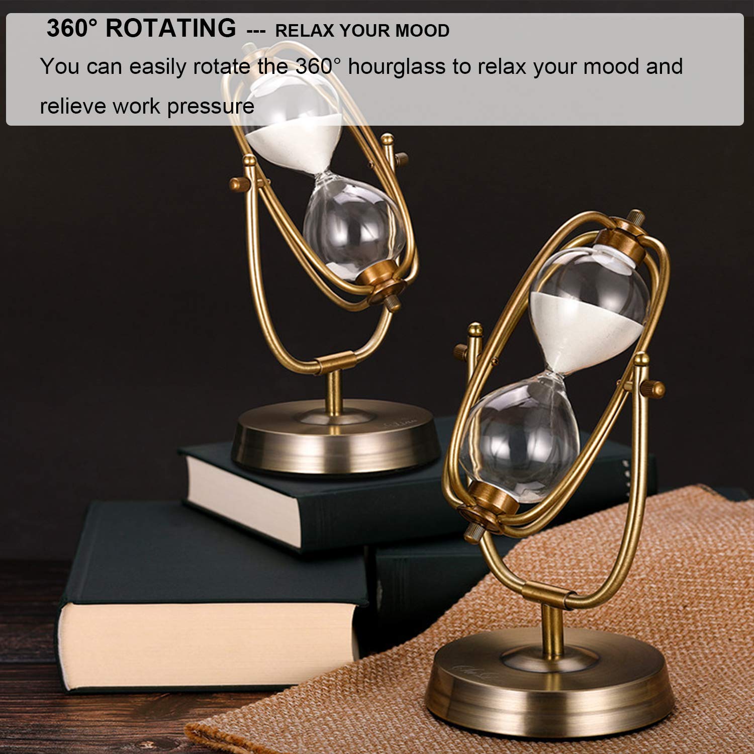 60 Minute Hourglass Timer - Large Brass Sand Clock with White Sand, 360° Rotating Antique Design for Desk & Office Decor | Perfect for Meetings, Yoga, Meditation & Kitchen Cooking