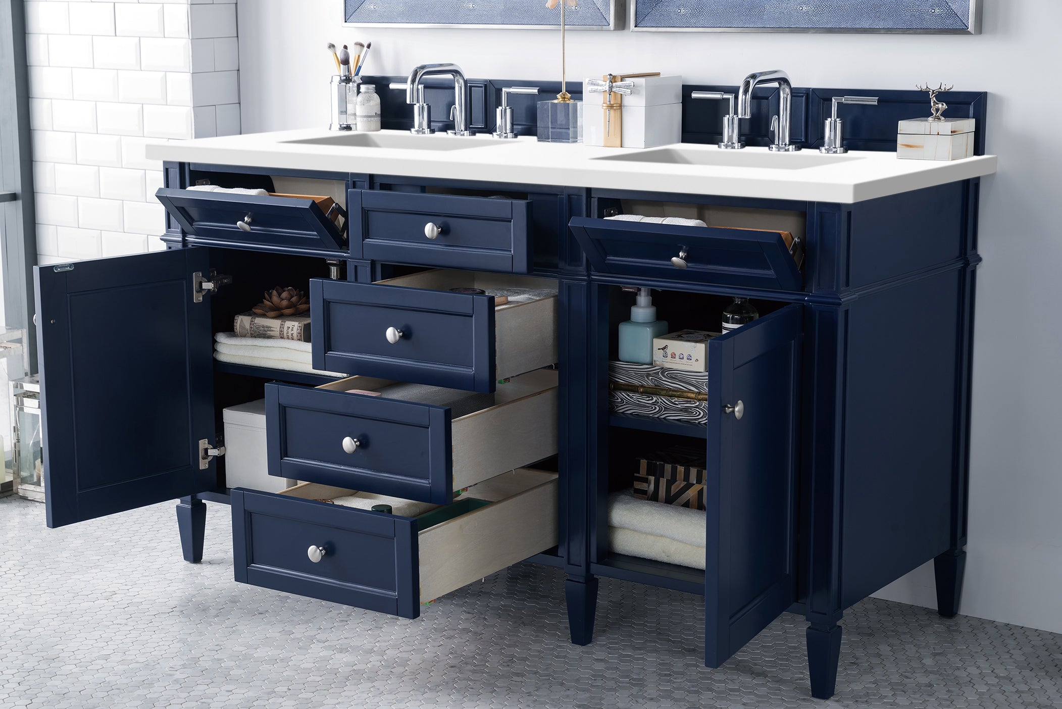 Brittany 60-Inch Victory Blue Double Bathroom Vanity with 3CM Classic White Quartz Countertop - Perfect for Master Bathroom Remodeling & Modern Home Decor