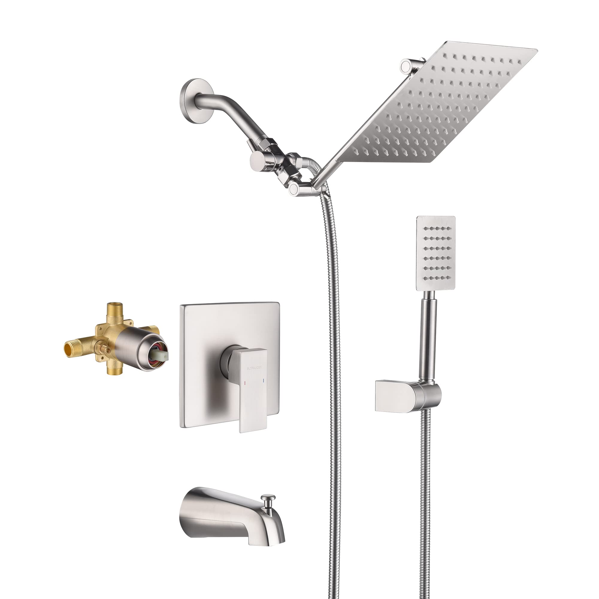 BLTFAUCER 8 Inch Rain Shower Head System - Brushed Nickel Tub Shower Combo with Adjustable Extension Arm & Pressure Balance Valve | Perfect for Spa-Like Bathroom Upgrades & Modern Home Renovations