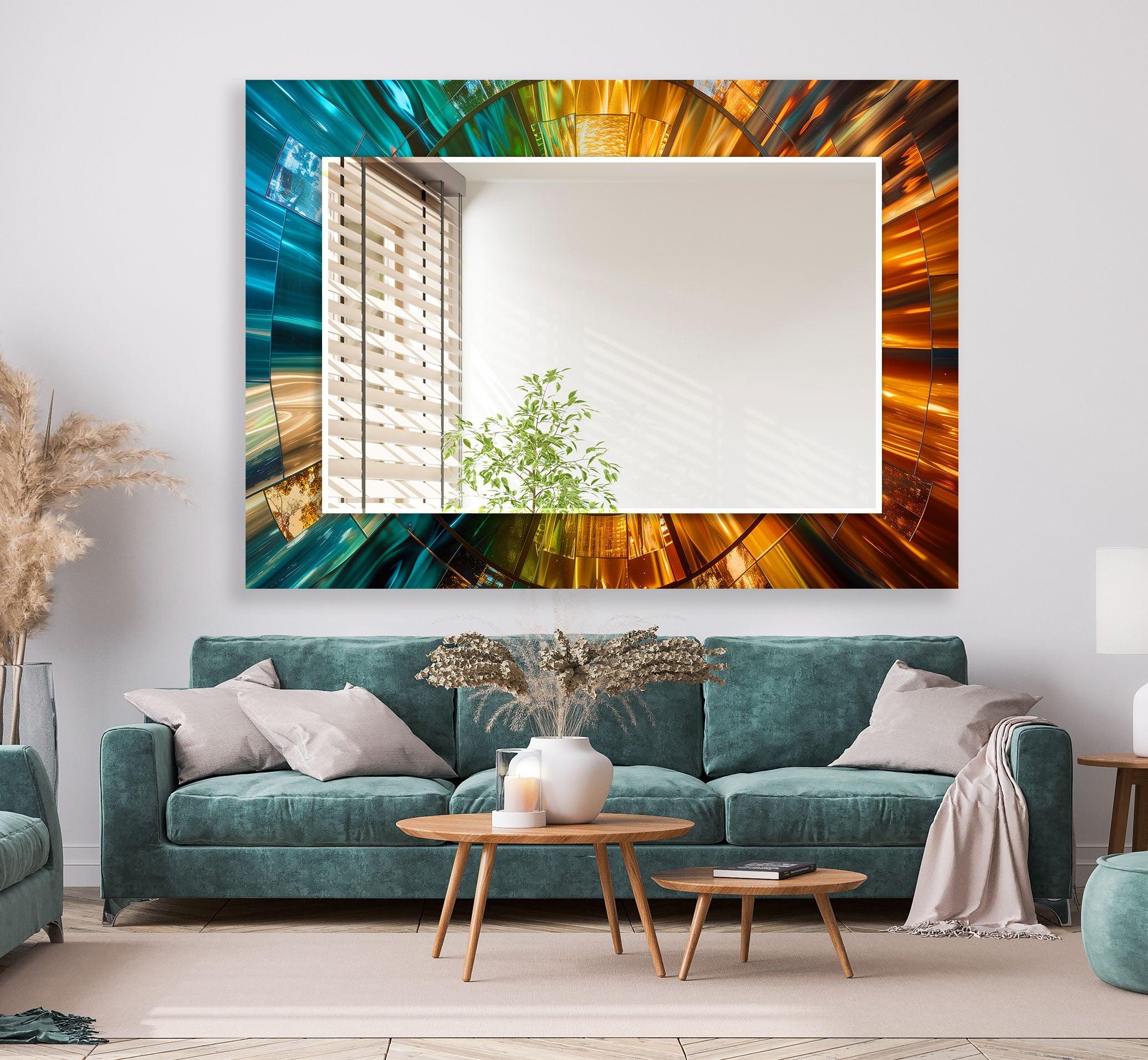 Blue and Gold Abstract Wall Mirrors - Modern Decorative Mirror for Living Room, Bedroom & Entryway - Stylish Home Decor Accent Piece