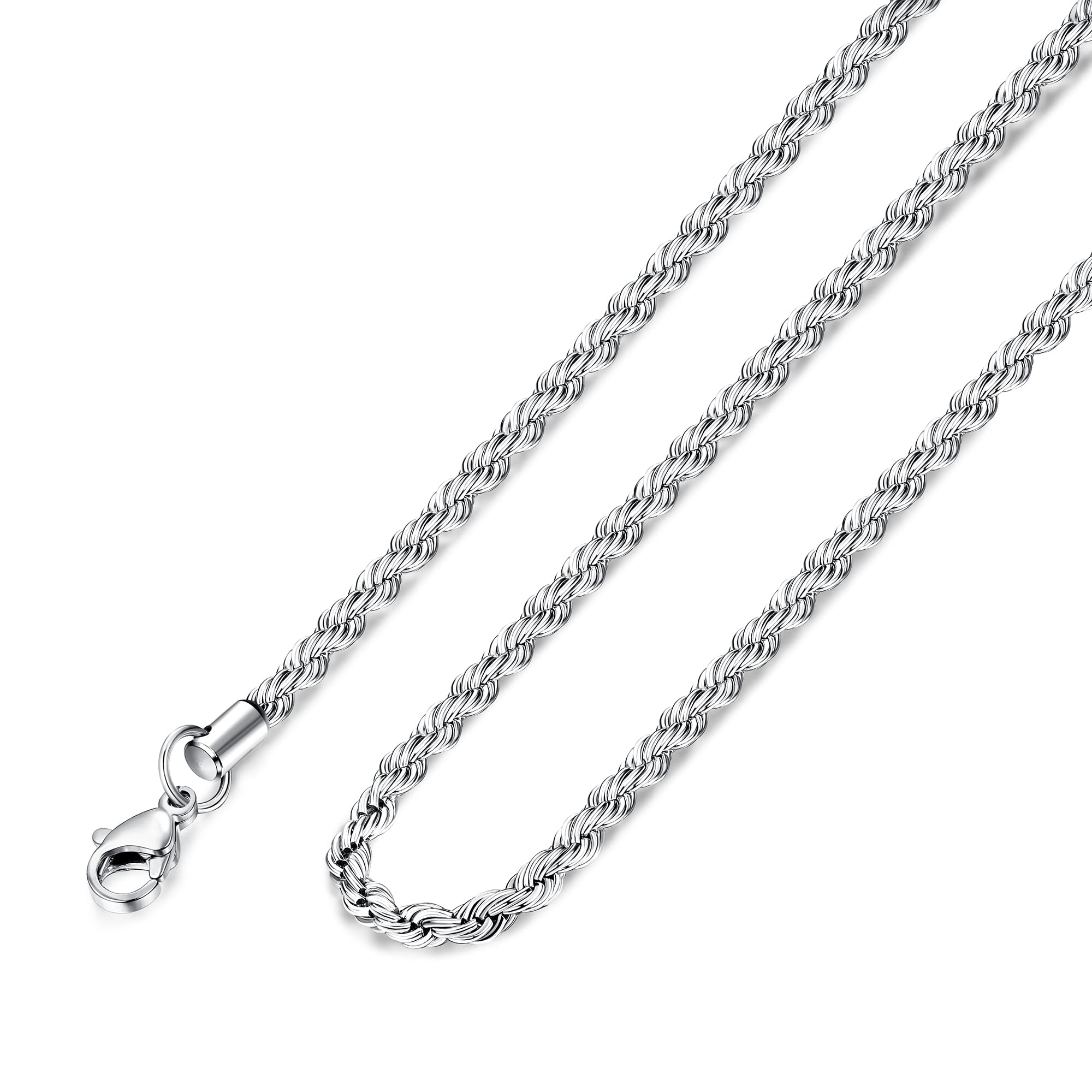 LOYALLOOK Stainless Steel Rope Chain Necklace for Men & Women - 2.5mm to 5mm Silver Necklace | Perfect for Everyday Wear, Gifts & Special Occasions