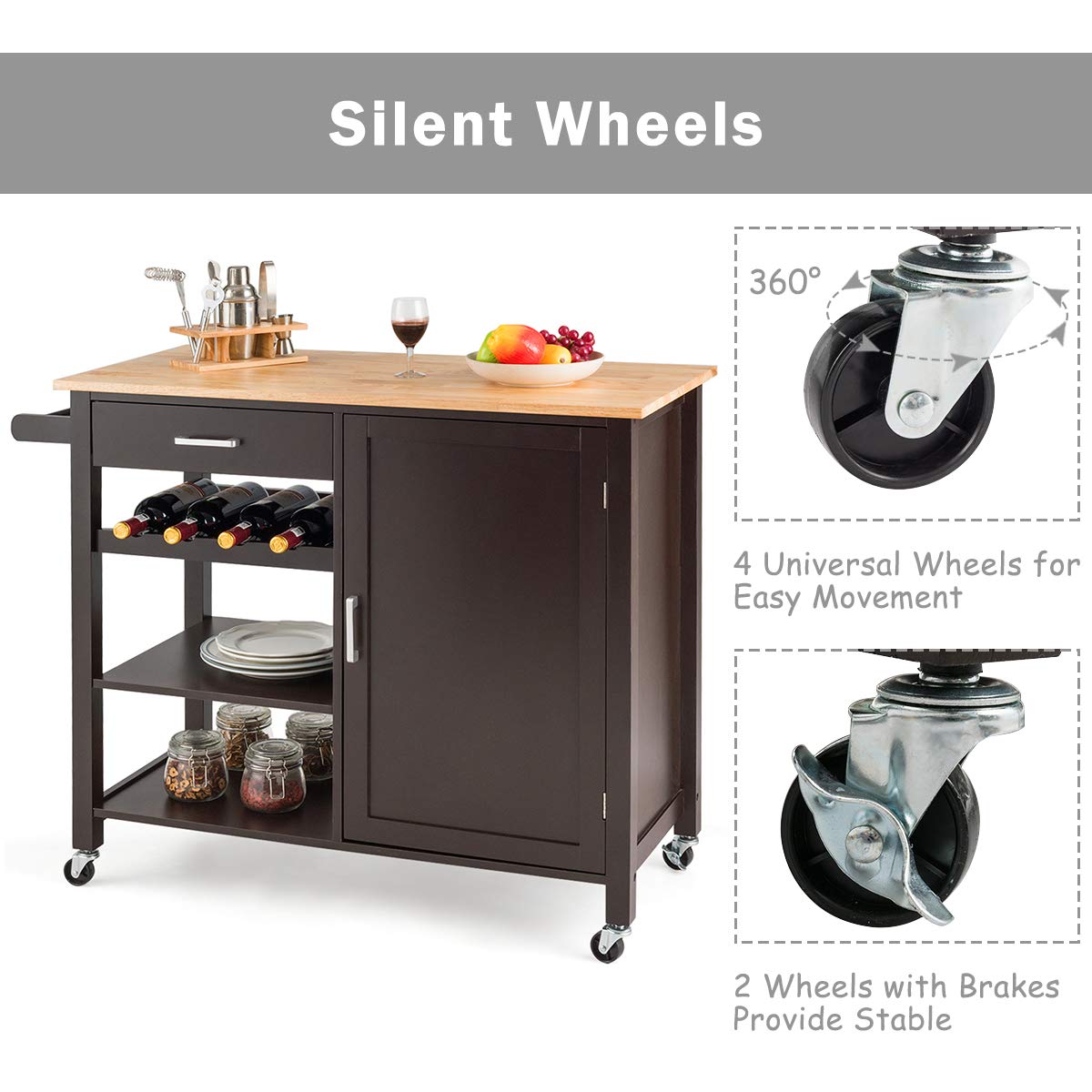 Giantex Kitchen Island Cart with Drawer & Storage Cabinet - Rolling Serving Cart with 4 Wine Bottle Rack, Towel Rack & Lockable Wheels - Wooden Trolley for Kitchen, Dining Room & Bar (Brown)