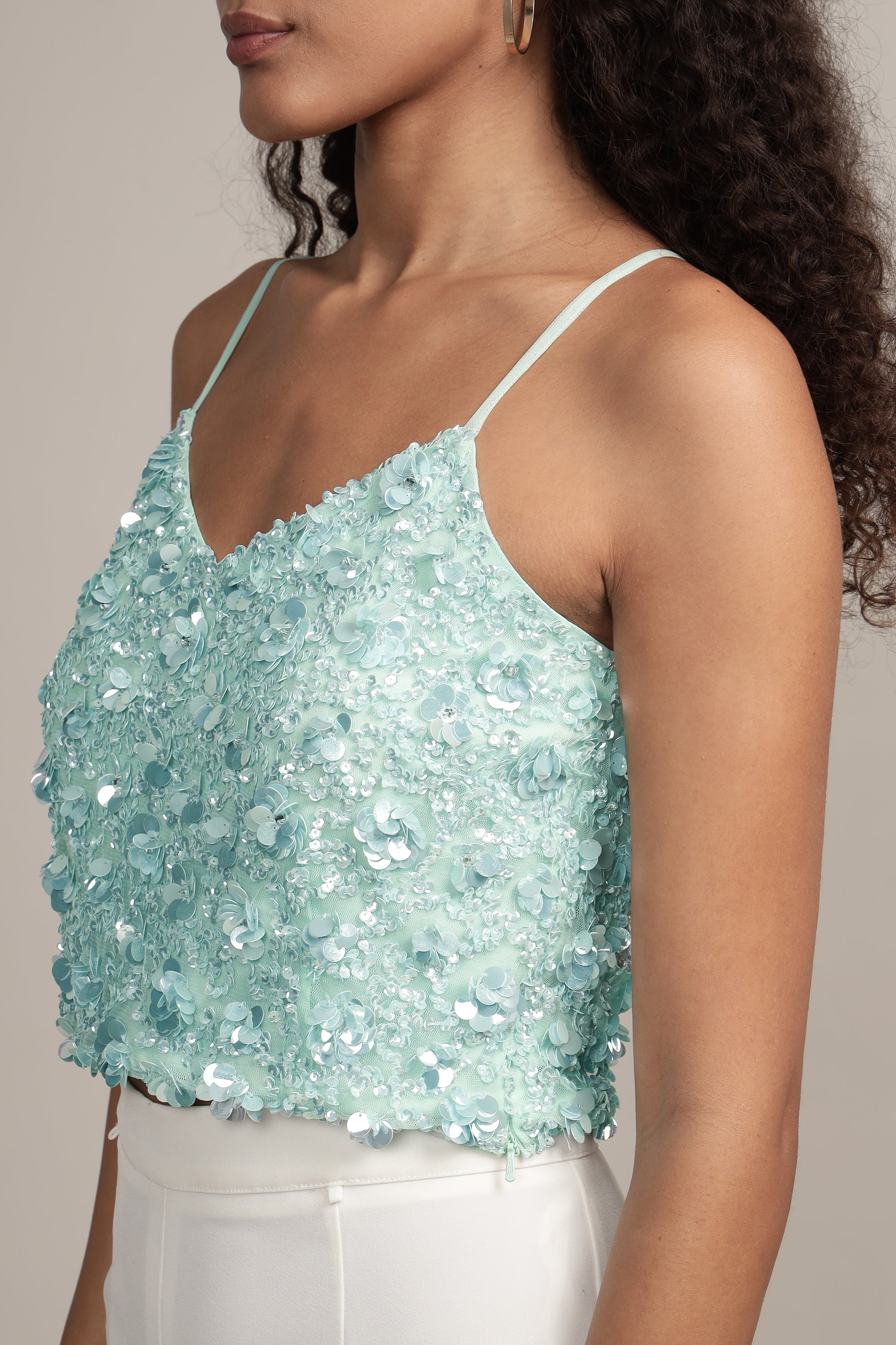 Aqua Sequin Cami Top for Women - Sparkling Party & Evening Wear - Perfect for Night Out, Club, and Special Occasions