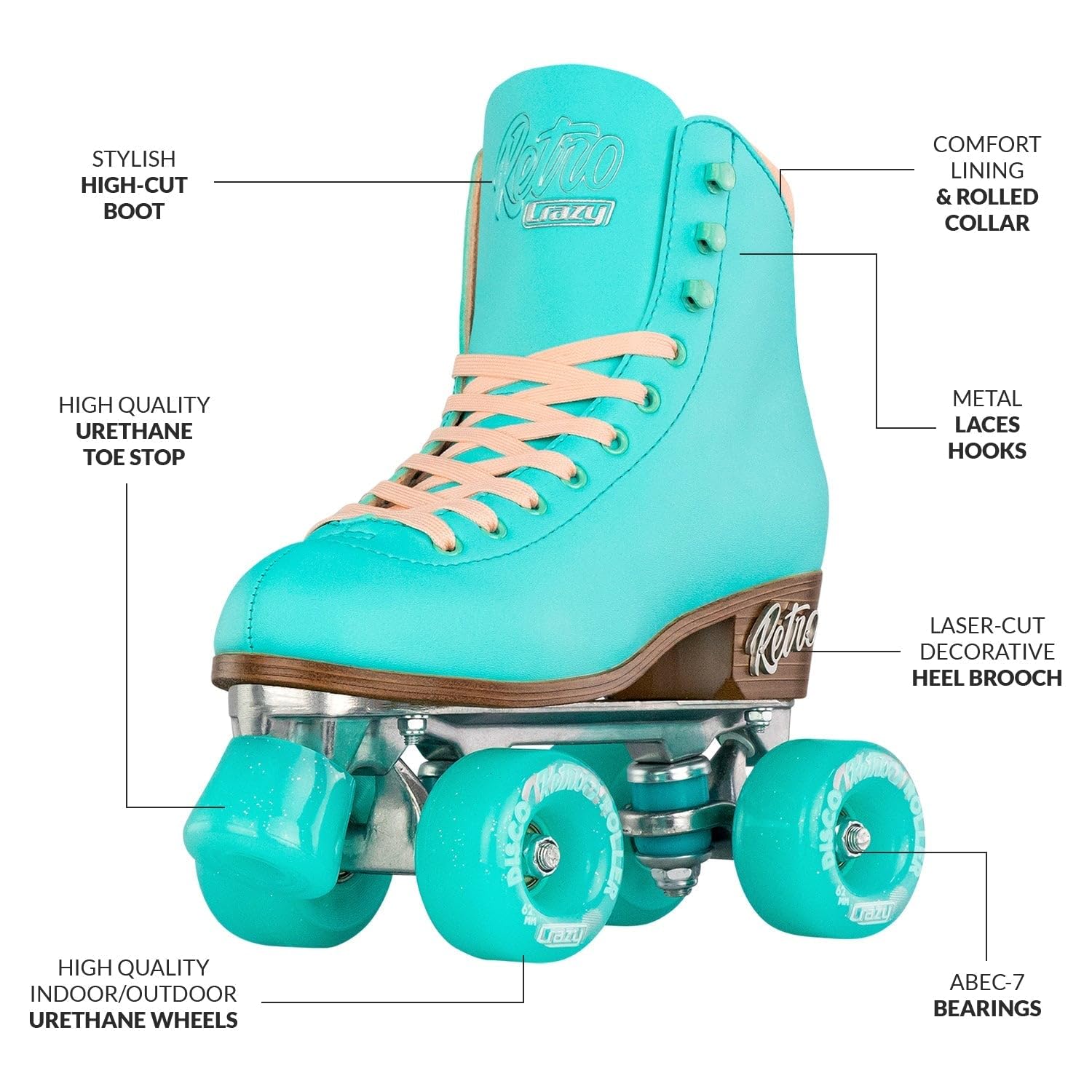 Crazy Skates Retro Roller Skates - Adjustable & Fixed Size Classic Quad Skates for Men, Women & Kids | Perfect for Rink Skating, Outdoor Roller Disco & 80s Themed Parties