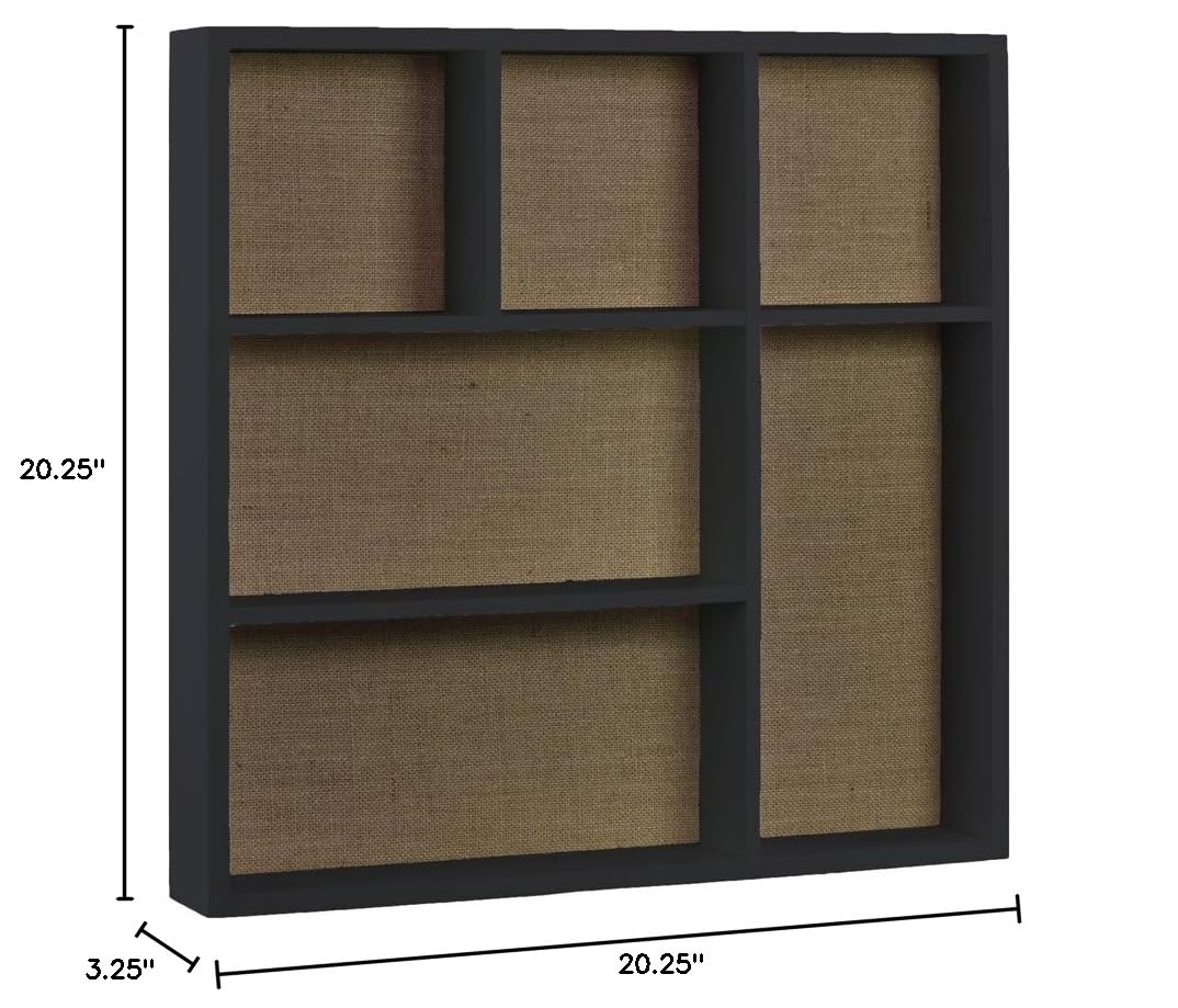 Black Wood Square Wall Shelf with Burlap Backing - 6 Slot Display Organizer in Matte Finish for Home Decor, Bathroom Storage & Office Organization