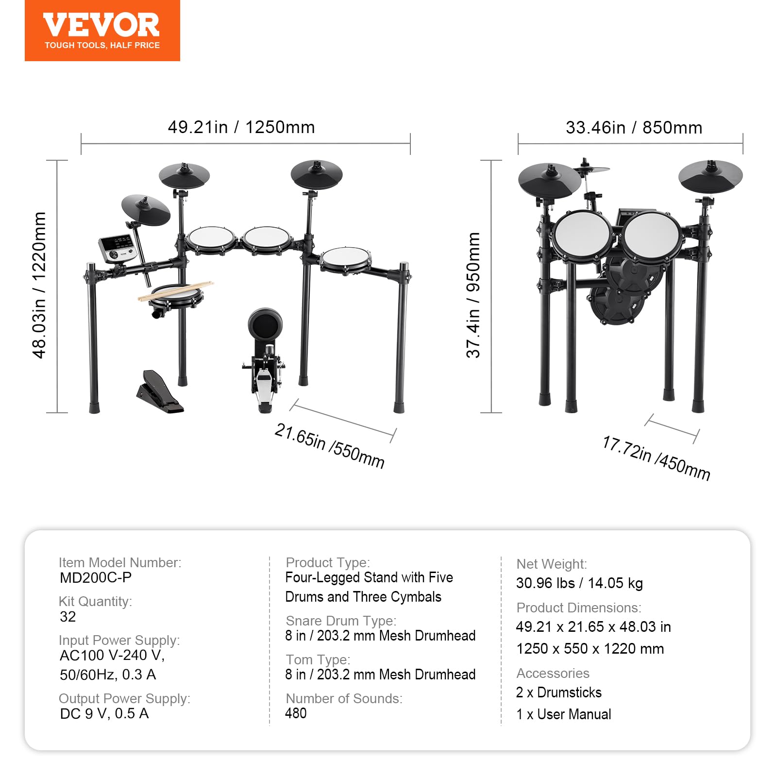 VEVOR Electric Drum Set with 32 Drum Kits & 480 Sounds - USB MIDI Supported Quiet Mesh Snare Drum Kit for Beginners & Adults - Perfect for Home Practice, Studio Recording & Live Performances