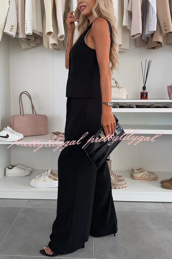 Stylish Women's Sleeveless Button Vest & Relaxed Pocket Wide Leg Pants Set - Office Workwear & Business Casual Outfit for Professional Women