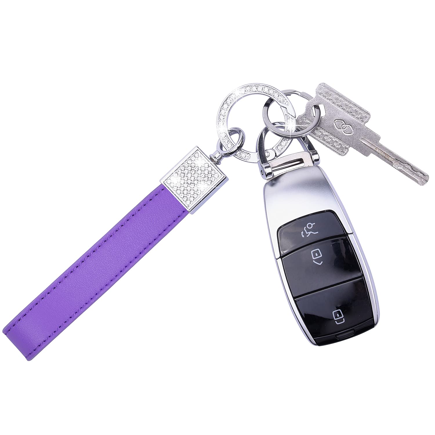 Wisdompro Bling Leather Car Keychain for Women - Genuine Leather Key FOB with Anti-Lost D-Ring & 2 Keyrings - Universal Key Holder for Car Keys (Purple) - Perfect Gift for Her, Birthday, Anniversary & Everyday Use