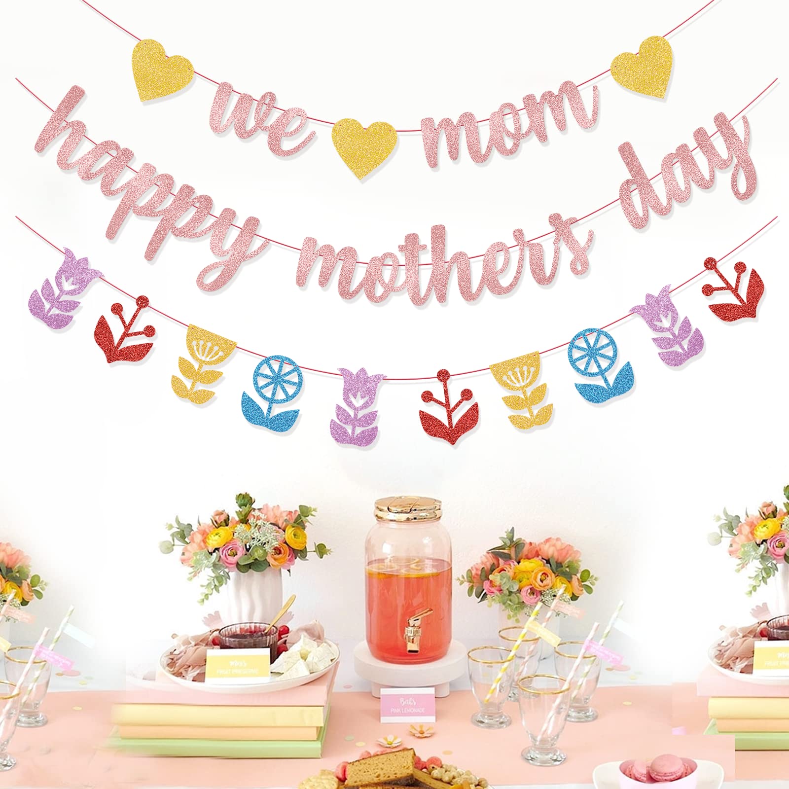 Rose Gold Happy Mother's Day Banner - Large We Love Mom Sign for Mother's Day Party Decorations, Home & Office Celebration Supplies - Perfect for Wall Decor, Photo Backdrops & Family Gatherings