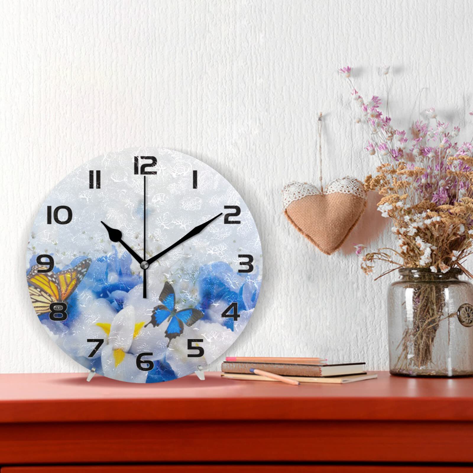Qilmy Blue Butterfly Wall Clock - Silent Non-Ticking Round Oil Painting Wall Clock for Living Room, Kitchen, Bedroom & Dining Room | Perfect Home Decor & Gift Idea