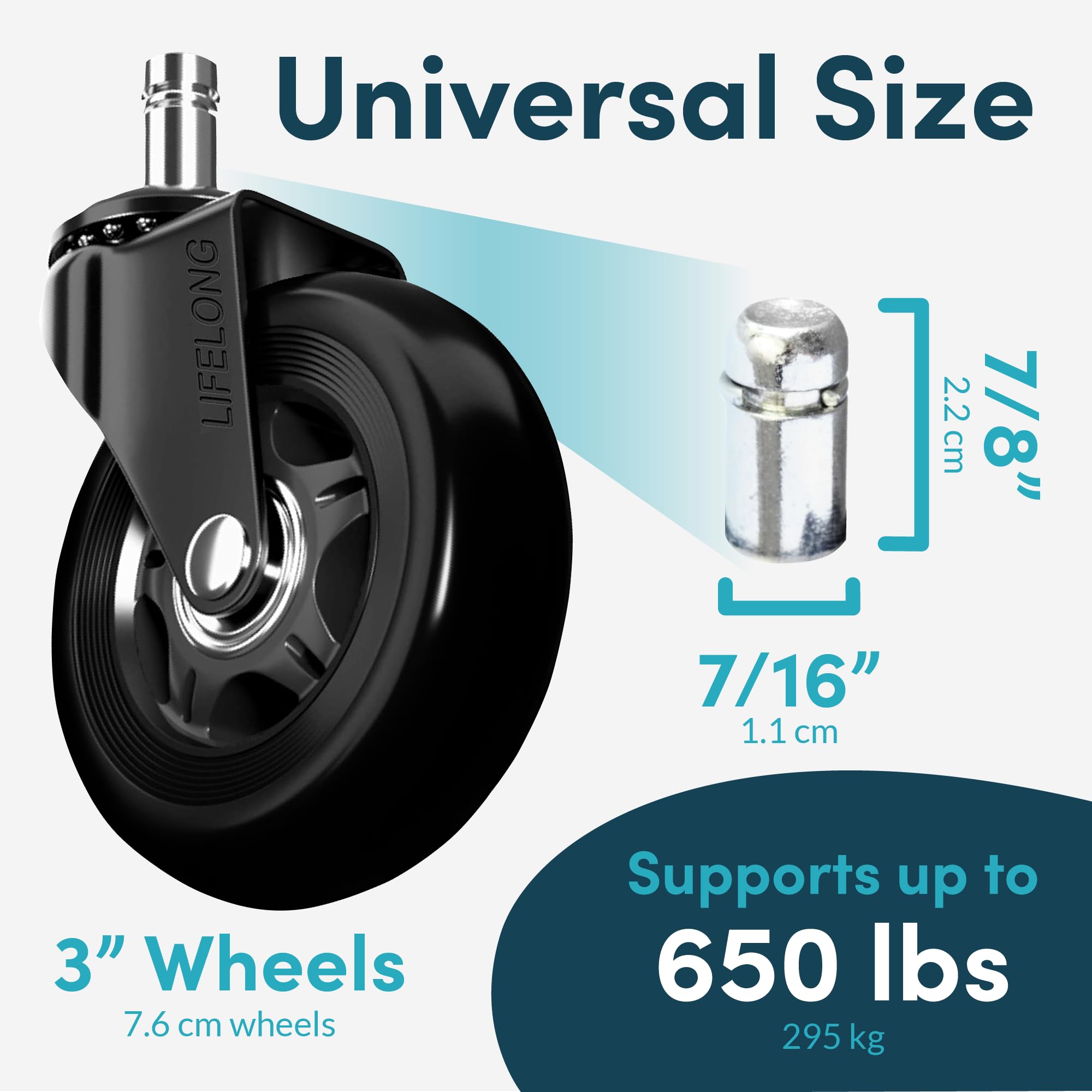 Lifelong Heavy Duty Office Chair Wheels Replacement - 5 Pack Universal Rubber Casters for Hardwood Floors & Carpets | Durable Desk Chair Rollers to Replace Chair Mats | Perfect for Home Office, Gaming & Workspace Use