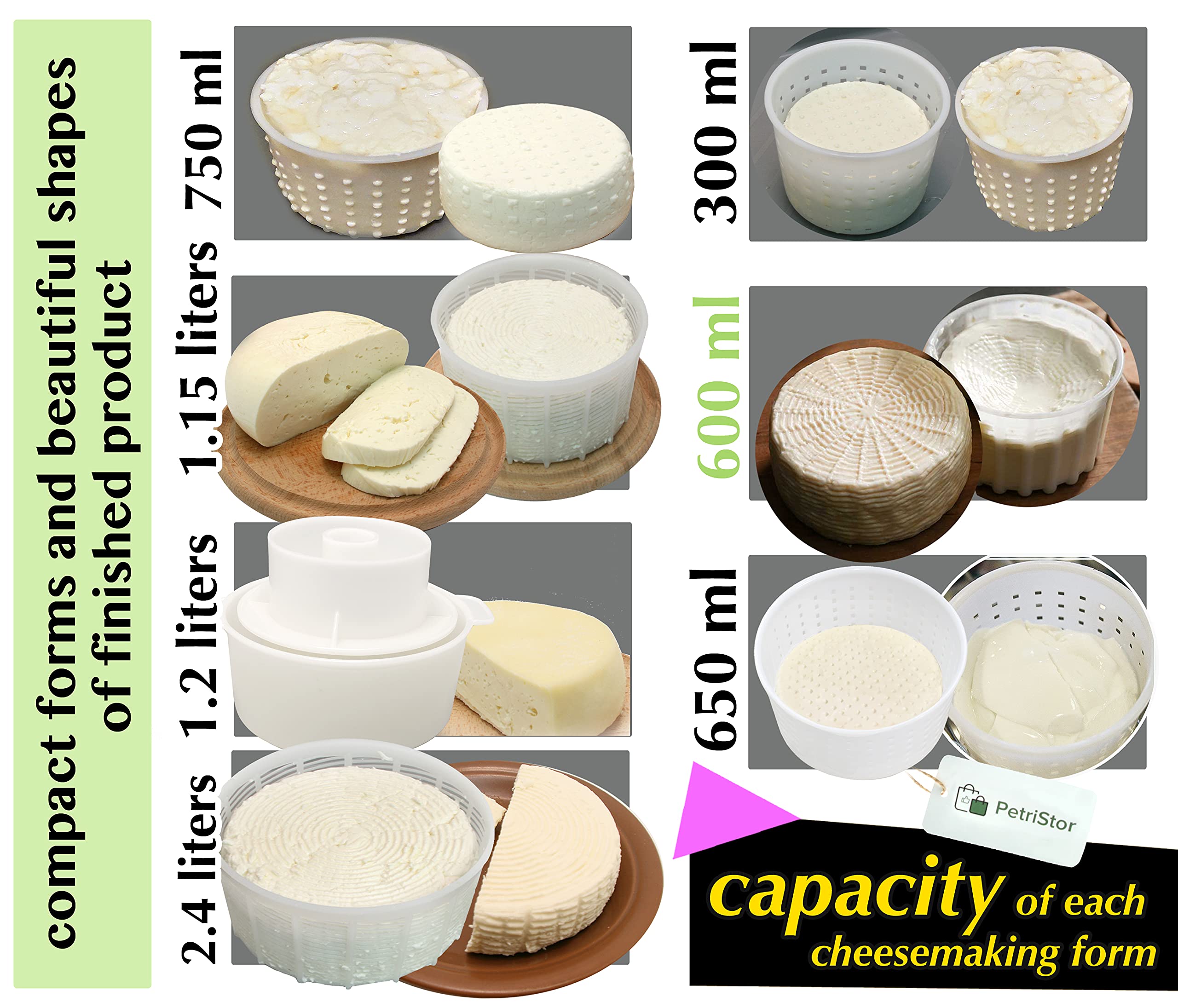 PetriStor 7-Piece Cheese Making Kit for Beginners - Soft Cheese Molds with Follower Piston - Cream Cheese Form Mold Basket - DIY Homemade Mozzarella, Ricotta & Goat Cheese Supplies (Perfect for Home Cheesemaking, Gifts & Culinary Classes)