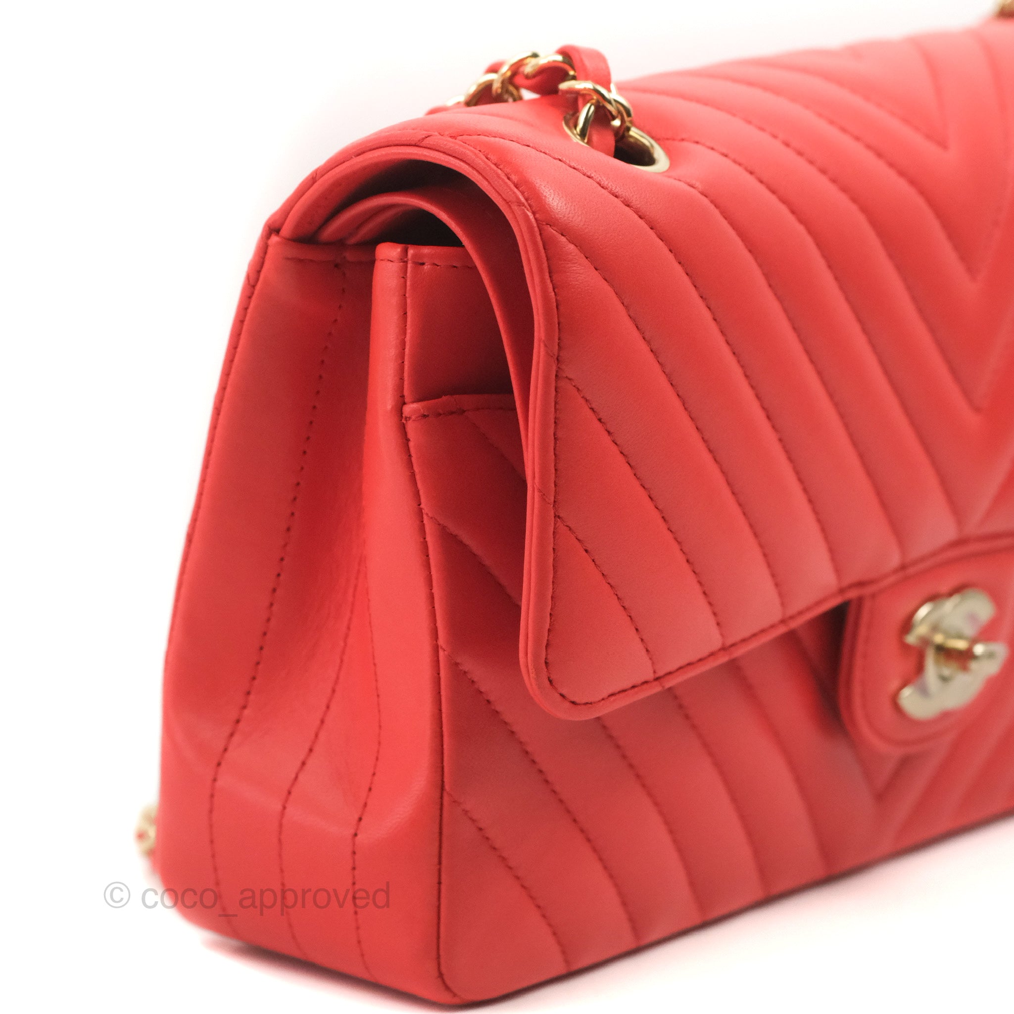 Chanel Classic Medium Flap Bag - Chevron Red Lambskin Leather with Gold Hardware | Luxury Designer Handbag for Women | Perfect for Date Night, Parties & Special Occasions