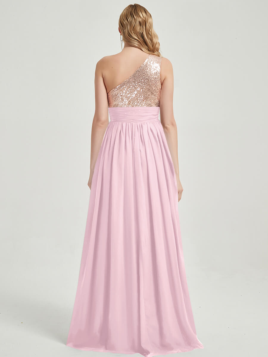 Elegant One Shoulder Sleeveless Chiffon Sequin Maxi Bridesmaid Dress - Formal Evening Gown for Weddings, Prom, Parties & Special Occasions
